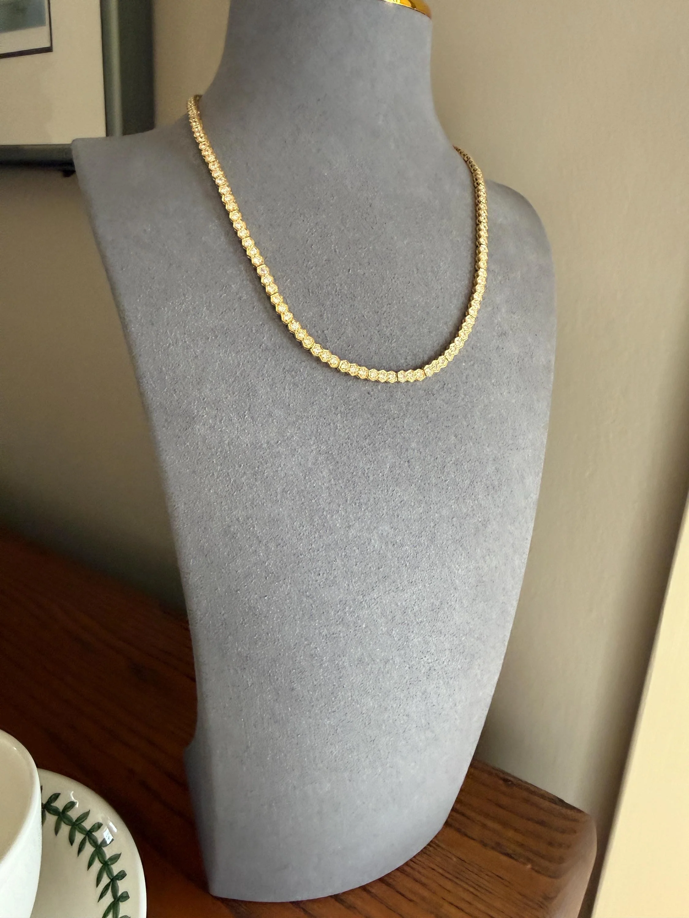 HEXAGON Vintage 5.4 Carats Natural Diamond Riviera Eternity Chain Geometric Honeycomb 24.1g 18k Gold Solid Tennis Necklace 5.4Ctw - Image 3