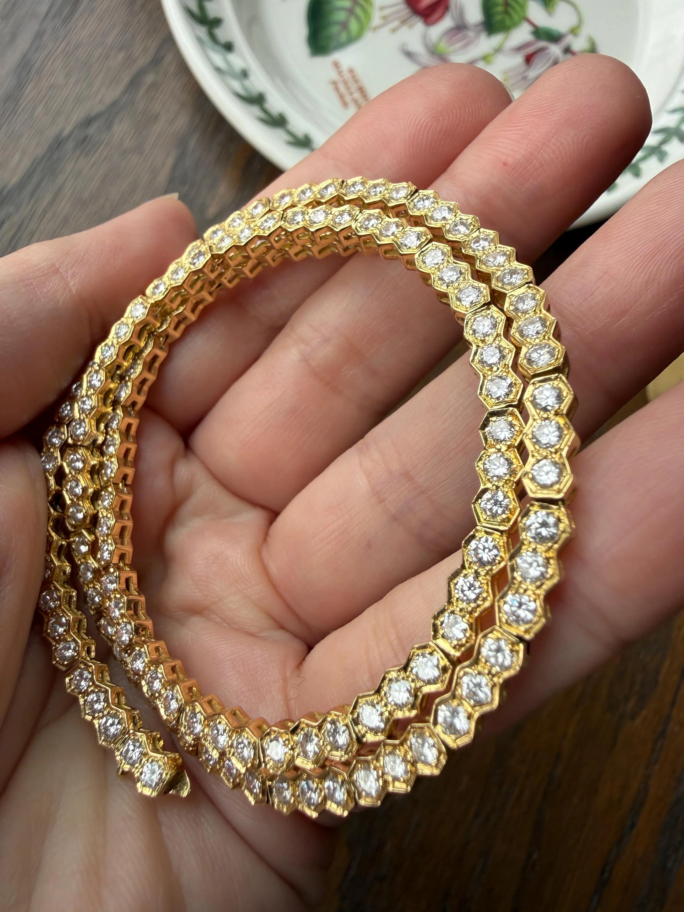 HEXAGON Vintage 5.4 Carats Natural Diamond Riviera Eternity Chain Geometric Honeycomb 24.1g 18k Gold Solid Tennis Necklace 5.4Ctw - Image 4