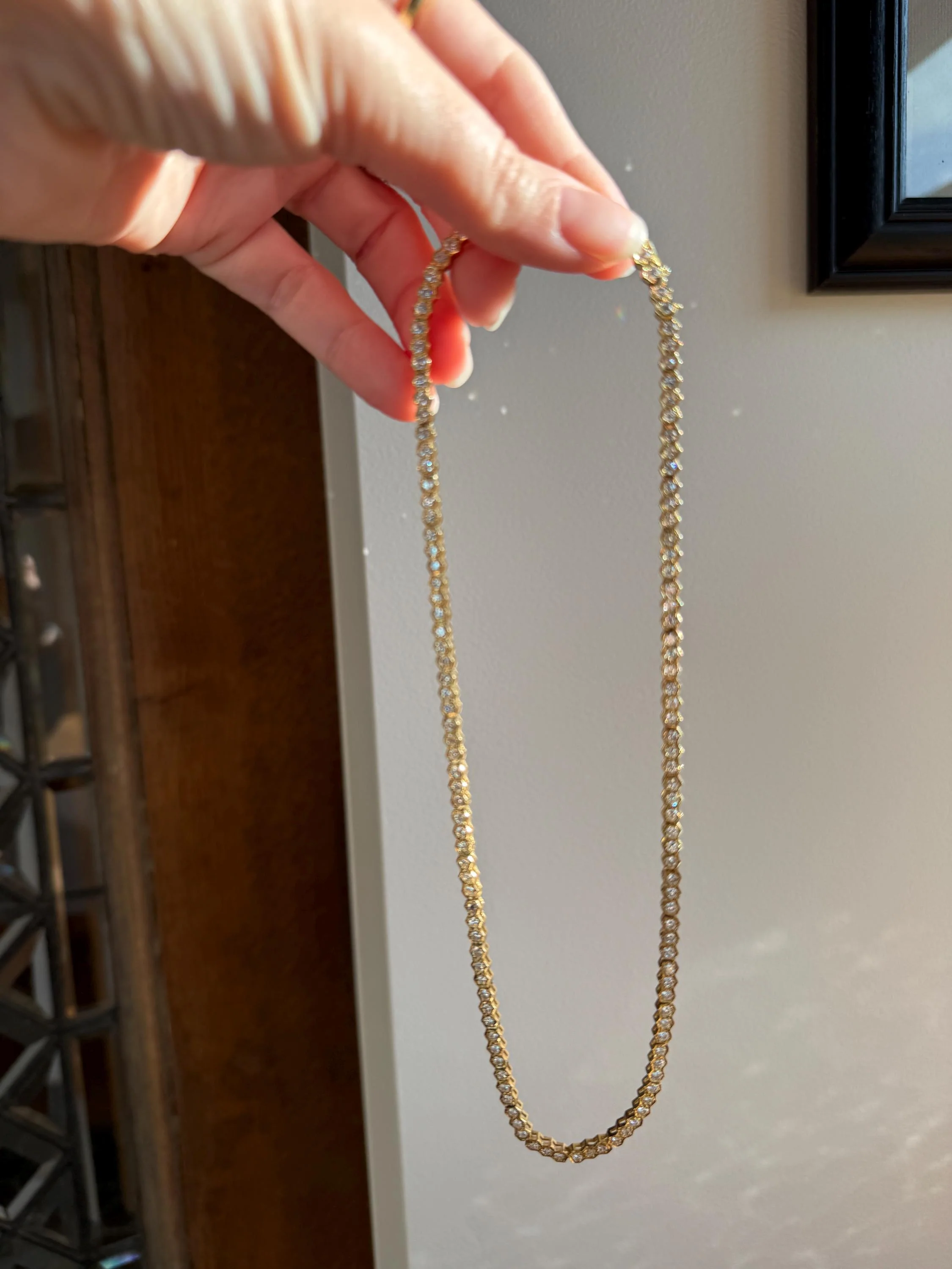 HEXAGON Vintage 5.4 Carats Natural Diamond Riviera Eternity Chain Geometric Honeycomb 24.1g 18k Gold Solid Tennis Necklace 5.4Ctw - Image 6