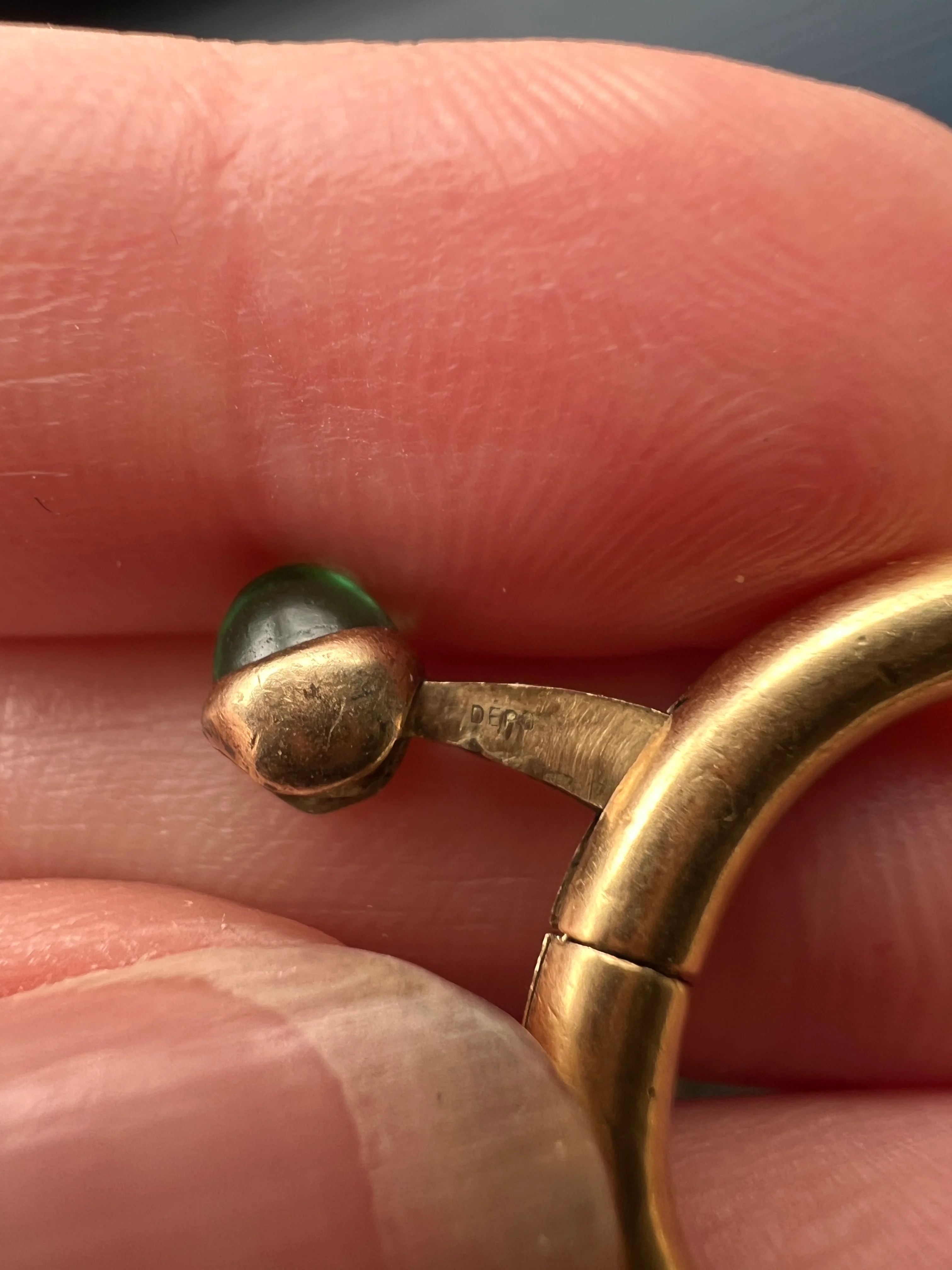 HINGED Lock Clasp RING French Vintage to Antique Opening Puzzle 18k Gold Donut Band Green Cabochon Romantic Unique Gift Poison? Pipe Stacker - Image 13