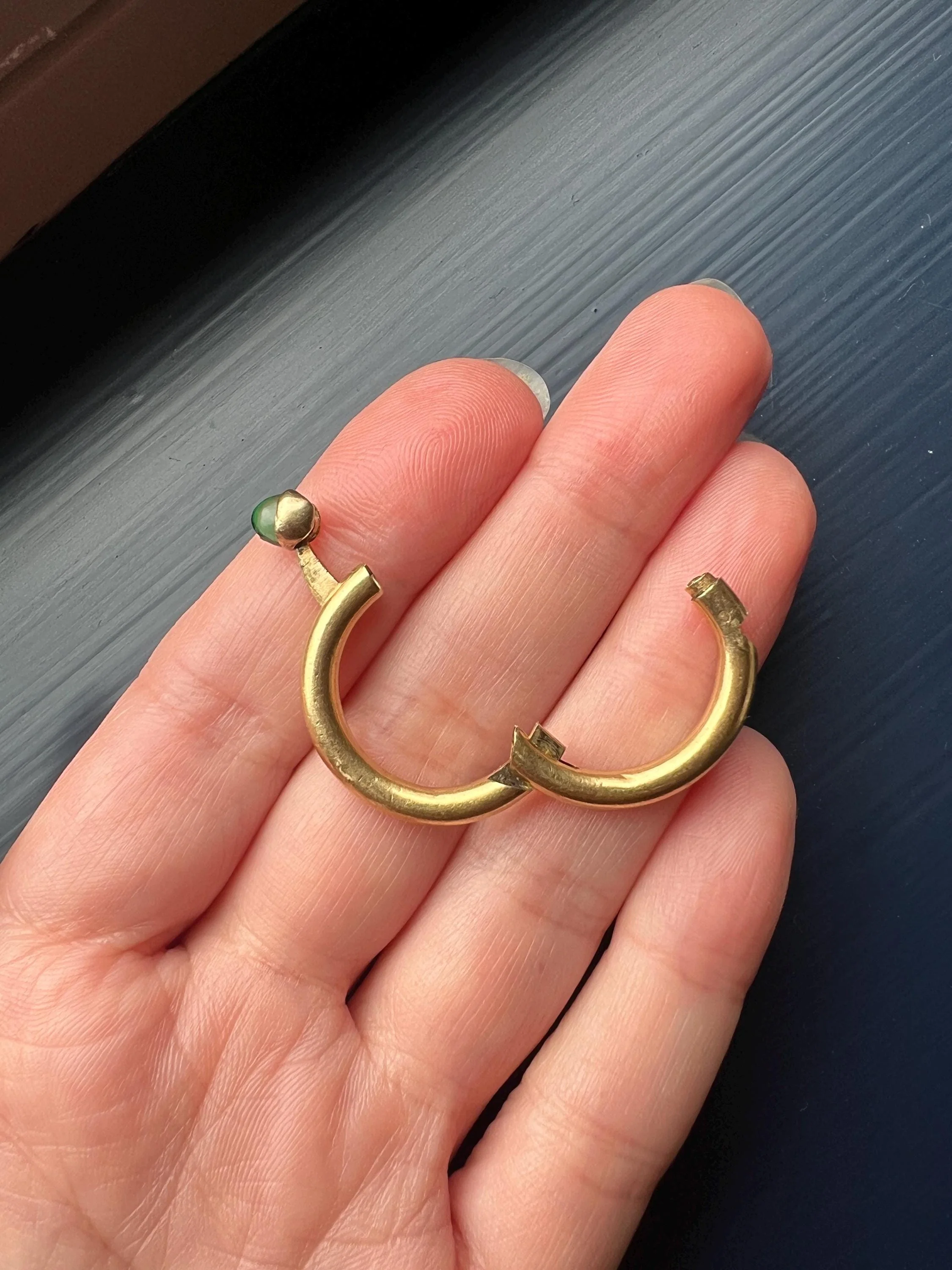 HINGED Lock Clasp RING French Vintage to Antique Opening Puzzle 18k Gold Donut Band Green Cabochon Romantic Unique Gift Poison? Pipe Stacker - Image 5