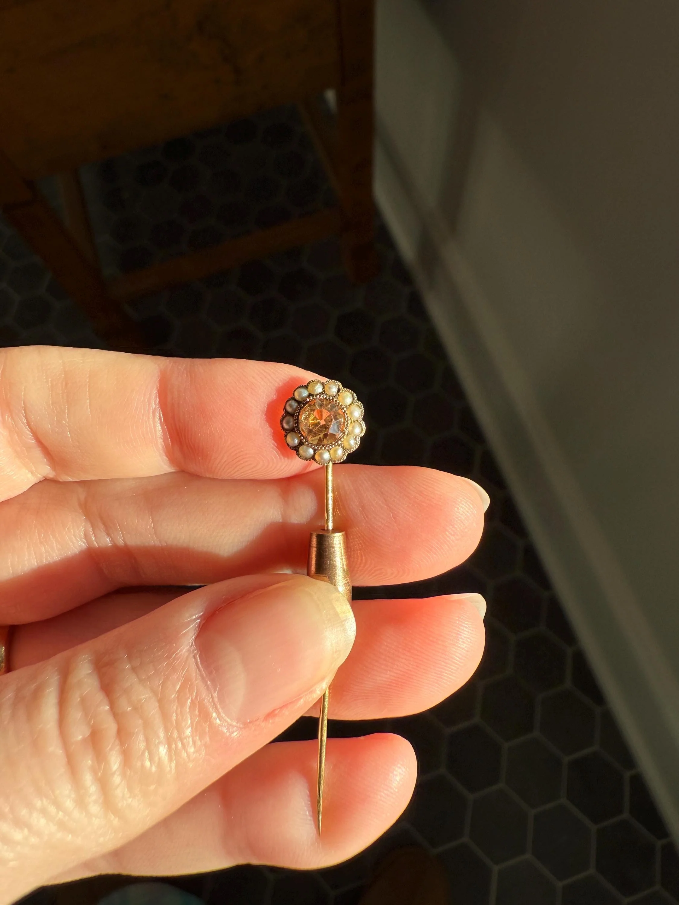 IMPERIAL TOPAZ Old Cut Peach Pearl Halo Antique Stick Pin - Daisy Cluster Bead Rivet Pendant Ring Charm Conversion? 18k 14k Gold - Image 10