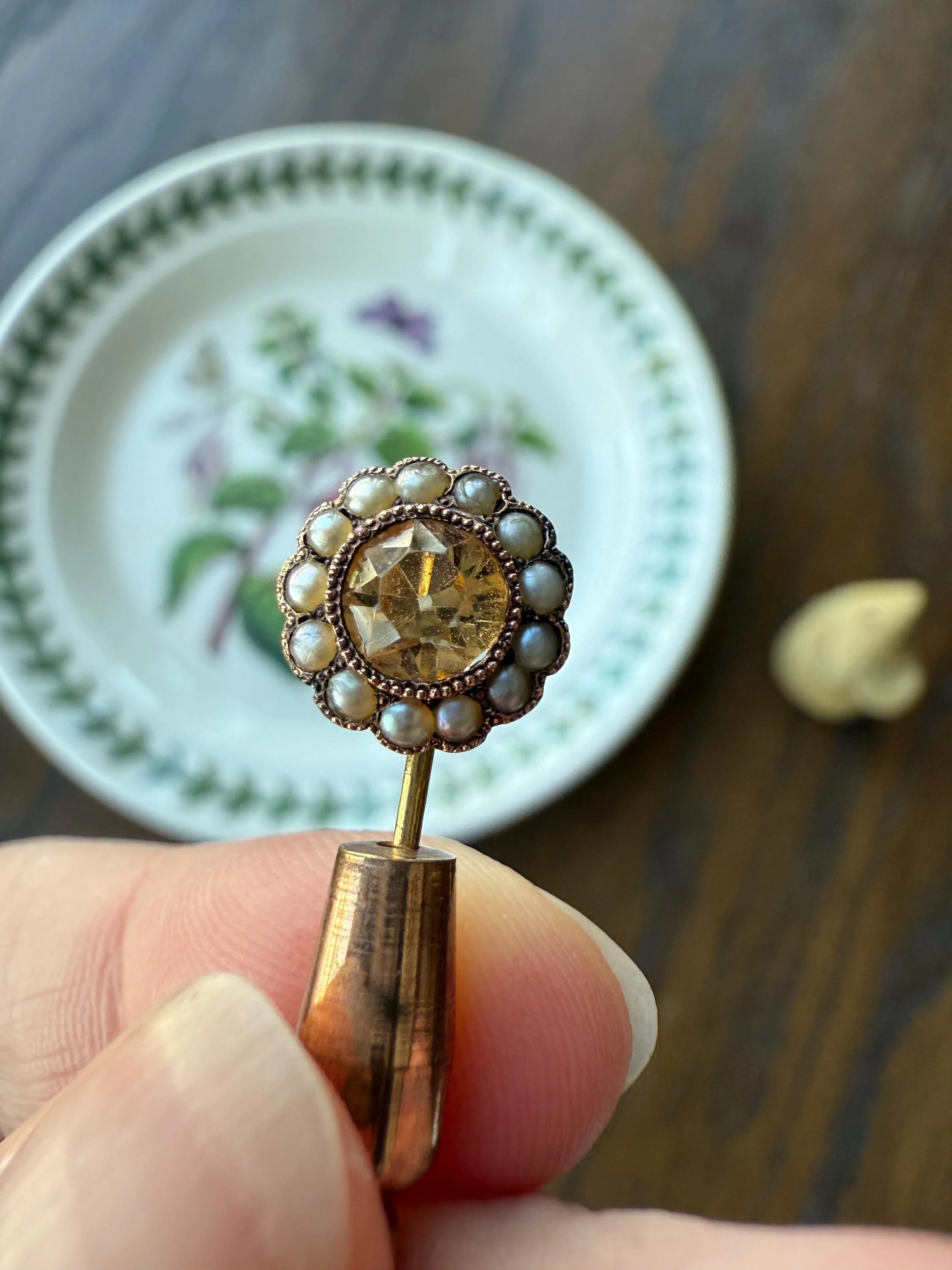 IMPERIAL TOPAZ Old Cut Peach Pearl Halo Antique Stick Pin - Daisy Cluster Bead Rivet Pendant Ring Charm Conversion? 18k 14k Gold - Image 11