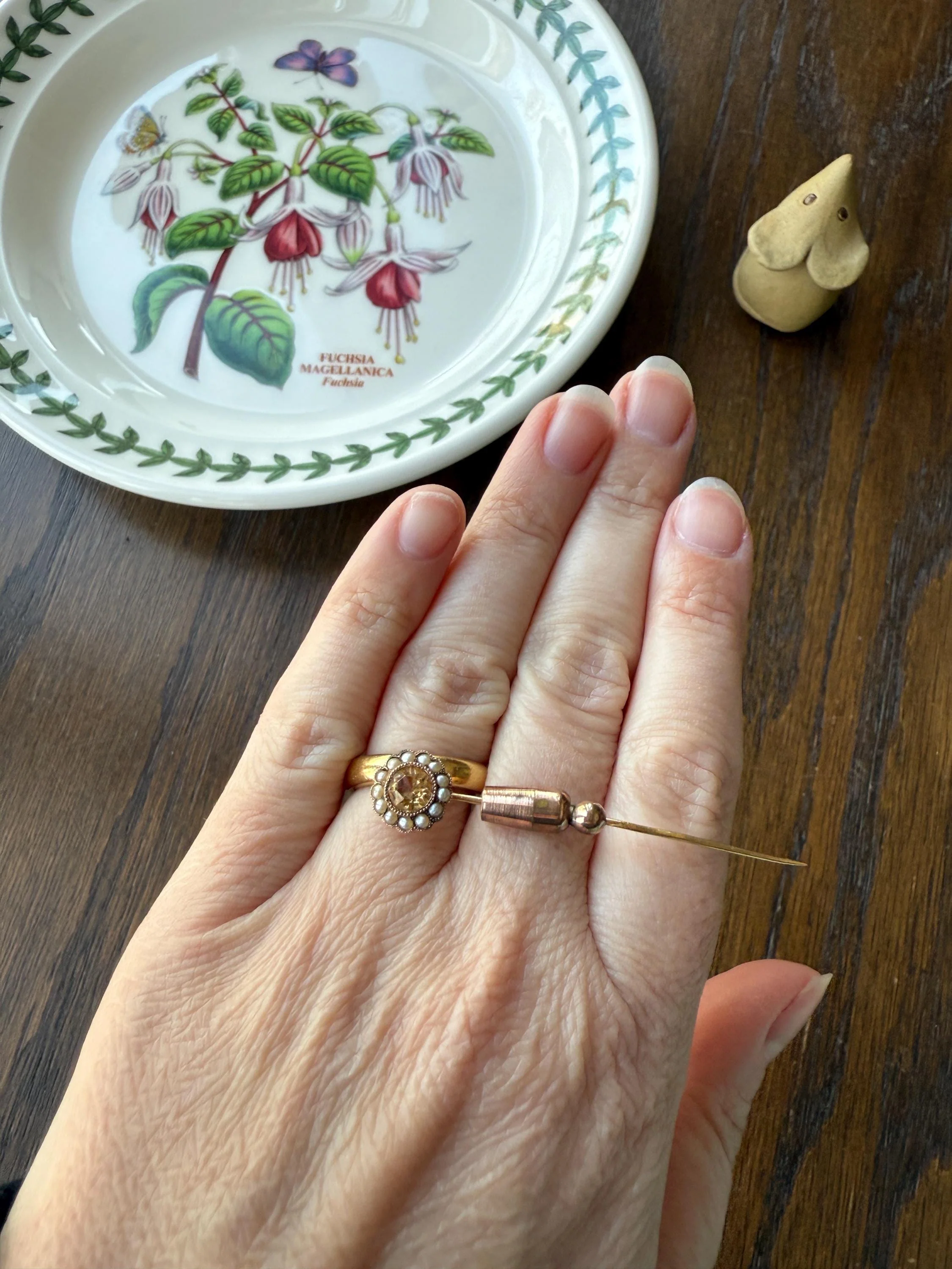 IMPERIAL TOPAZ Old Cut Peach Pearl Halo Antique Stick Pin - Daisy Cluster Bead Rivet Pendant Ring Charm Conversion? 18k 14k Gold - Image 2