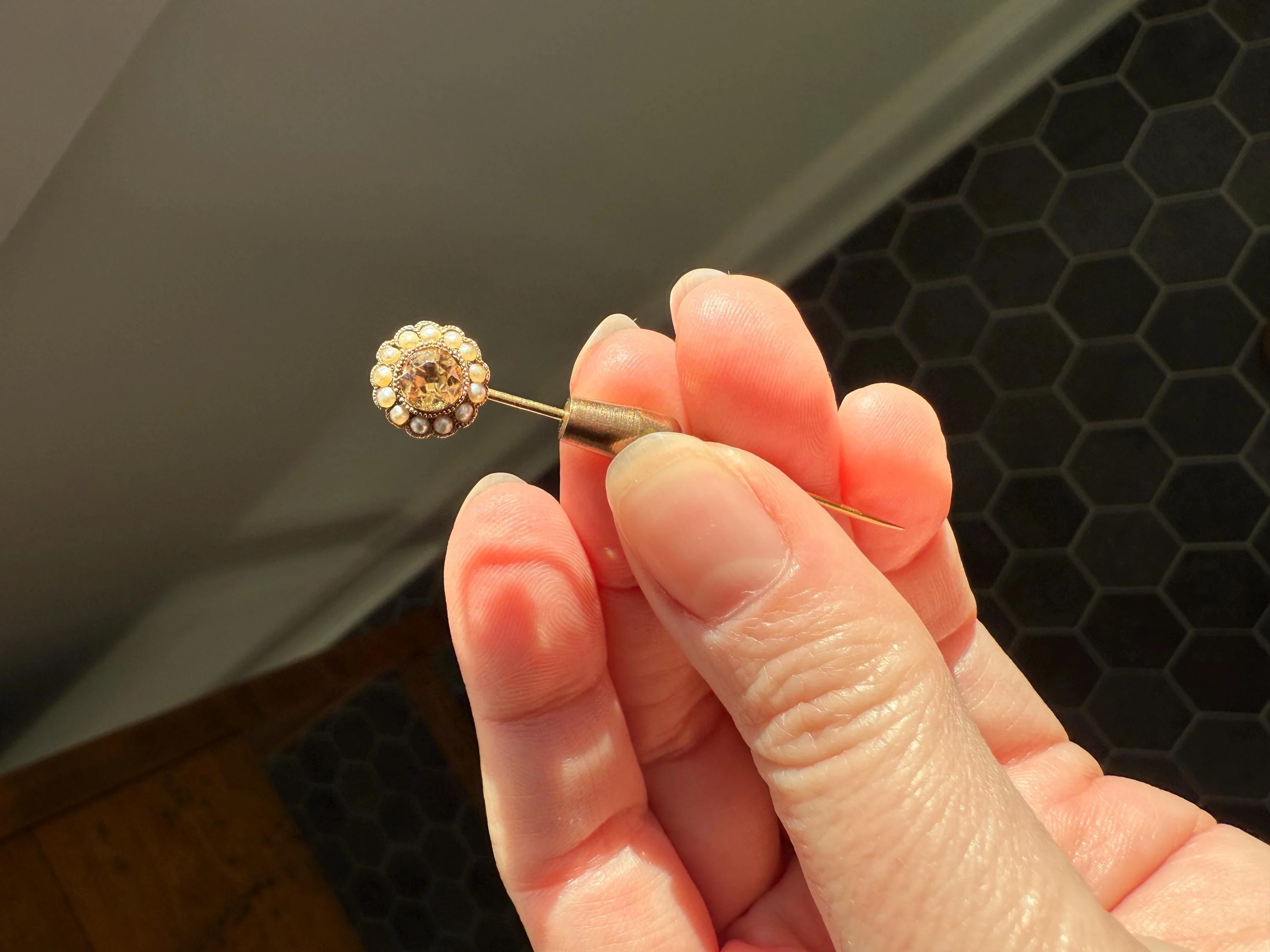 IMPERIAL TOPAZ Old Cut Peach Pearl Halo Antique Stick Pin - Daisy Cluster Bead Rivet Pendant Ring Charm Conversion? 18k 14k Gold - Image 4