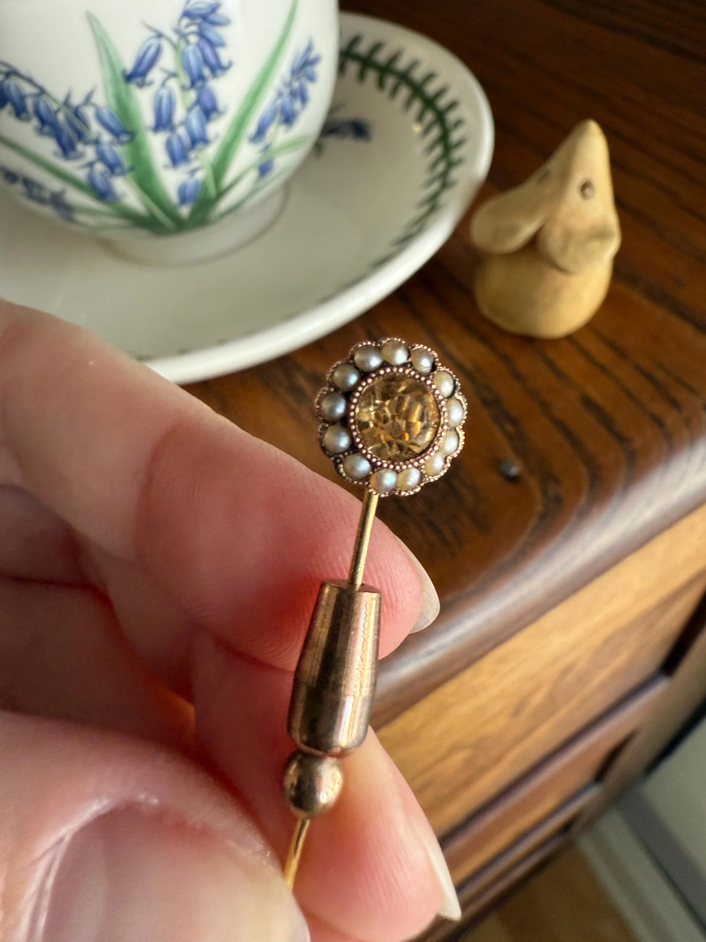 IMPERIAL TOPAZ Old Cut Peach Pearl Halo Antique Stick Pin - Daisy Cluster Bead Rivet Pendant Ring Charm Conversion? 18k 14k Gold - Image 6