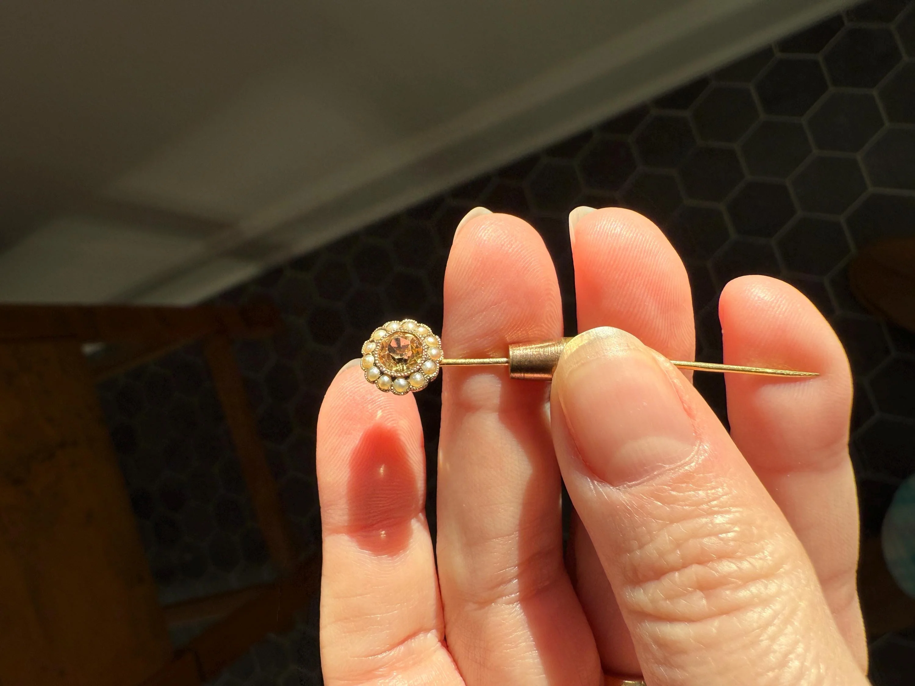 IMPERIAL TOPAZ Old Cut Peach Pearl Halo Antique Stick Pin - Daisy Cluster Bead Rivet Pendant Ring Charm Conversion? 18k 14k Gold - Image 7