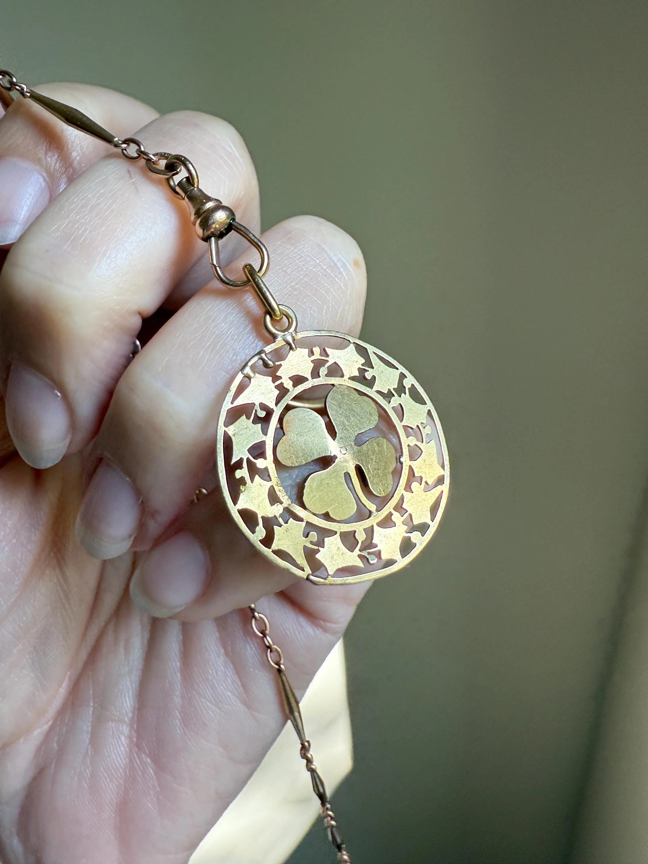 IVY Clover Pearl ANTIQUE French Belle Epoque 18k Gold Pendant Figural Medallion Love Medal Token Good Luck Charm - Image 10