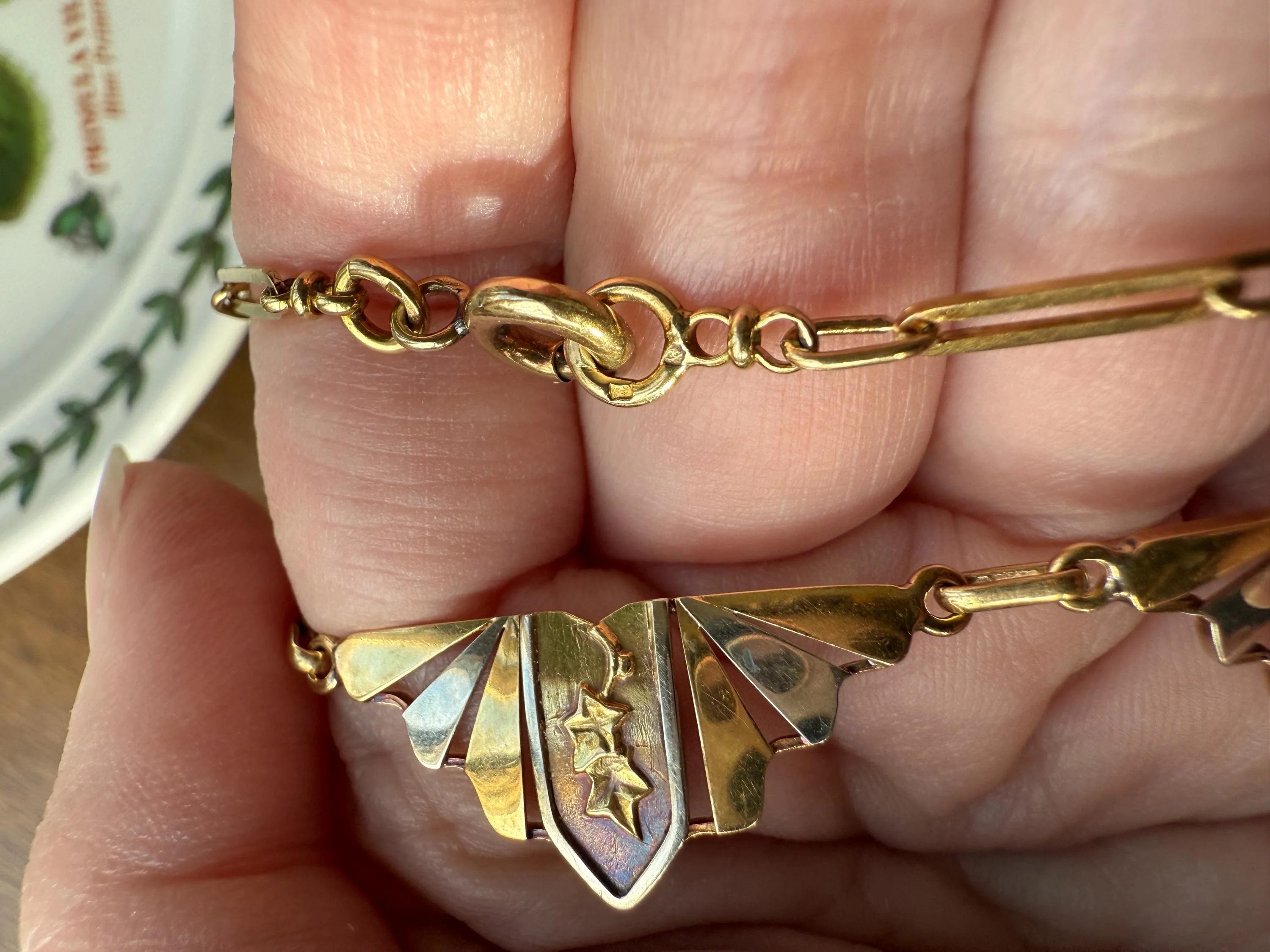 IVY French Art Deco Antique 12g 18k Gold Solid Two Tone Necklace Drapery Paperclip Chain Collar Fan Pendant Figural Architectural Geometric Fanned - Image 10