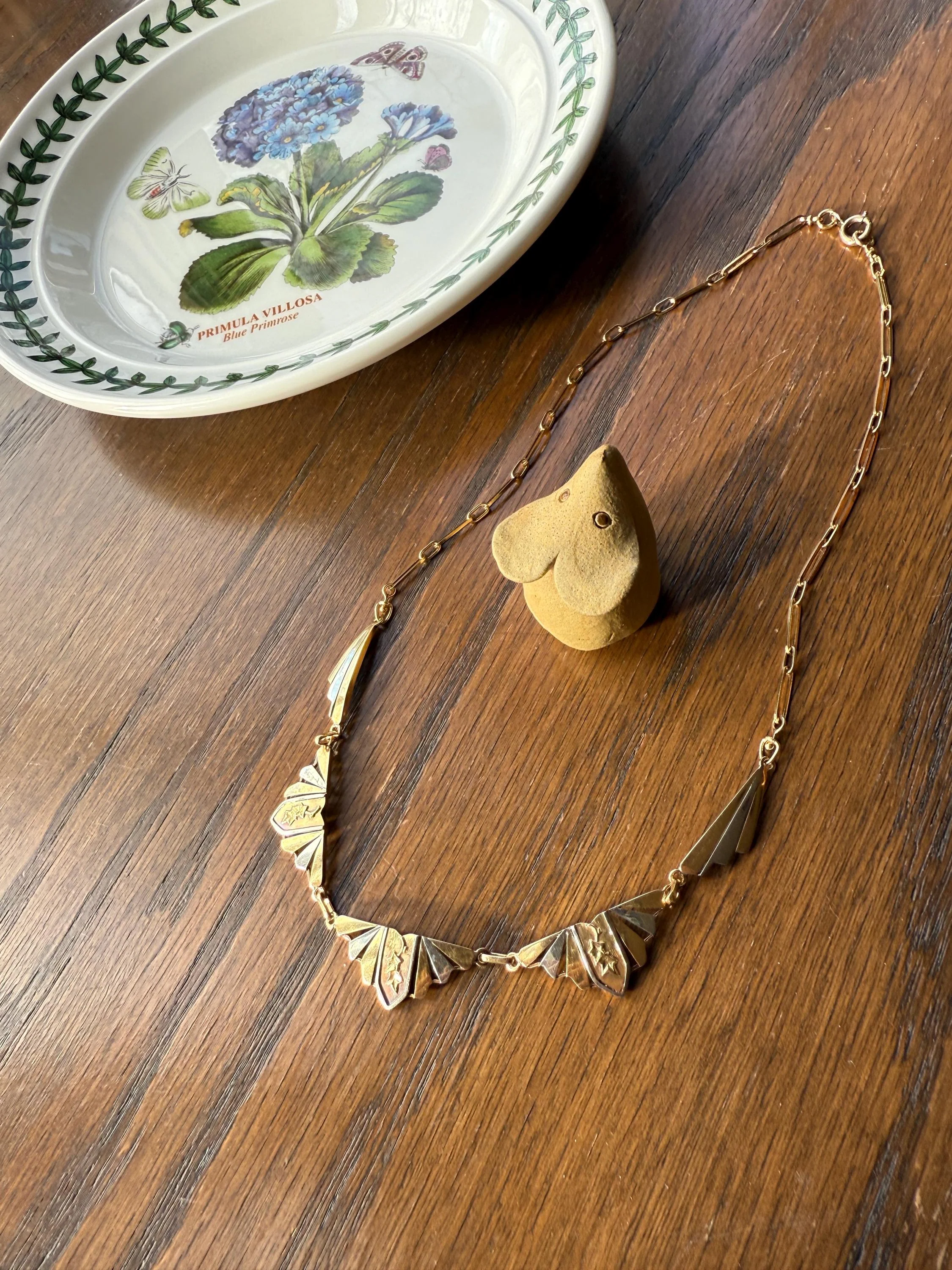 IVY French Art Deco Antique 12g 18k Gold Solid Two Tone Necklace Drapery Paperclip Chain Collar Fan Pendant Figural Architectural Geometric Fanned - Image 2