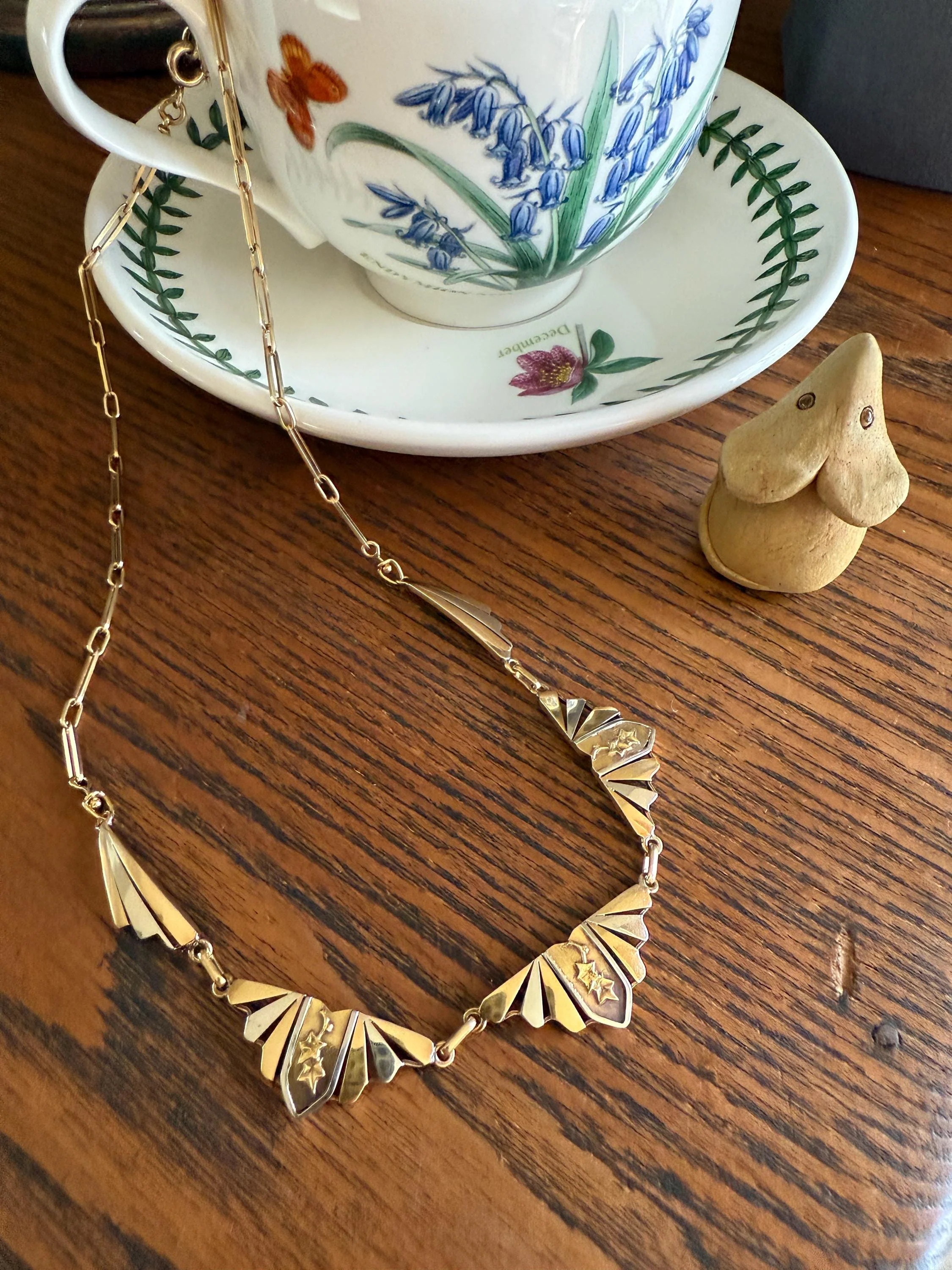 IVY French Art Deco Antique 12g 18k Gold Solid Two Tone Necklace Drapery Paperclip Chain Collar Fan Pendant Figural Architectural Geometric Fanned - Image 5