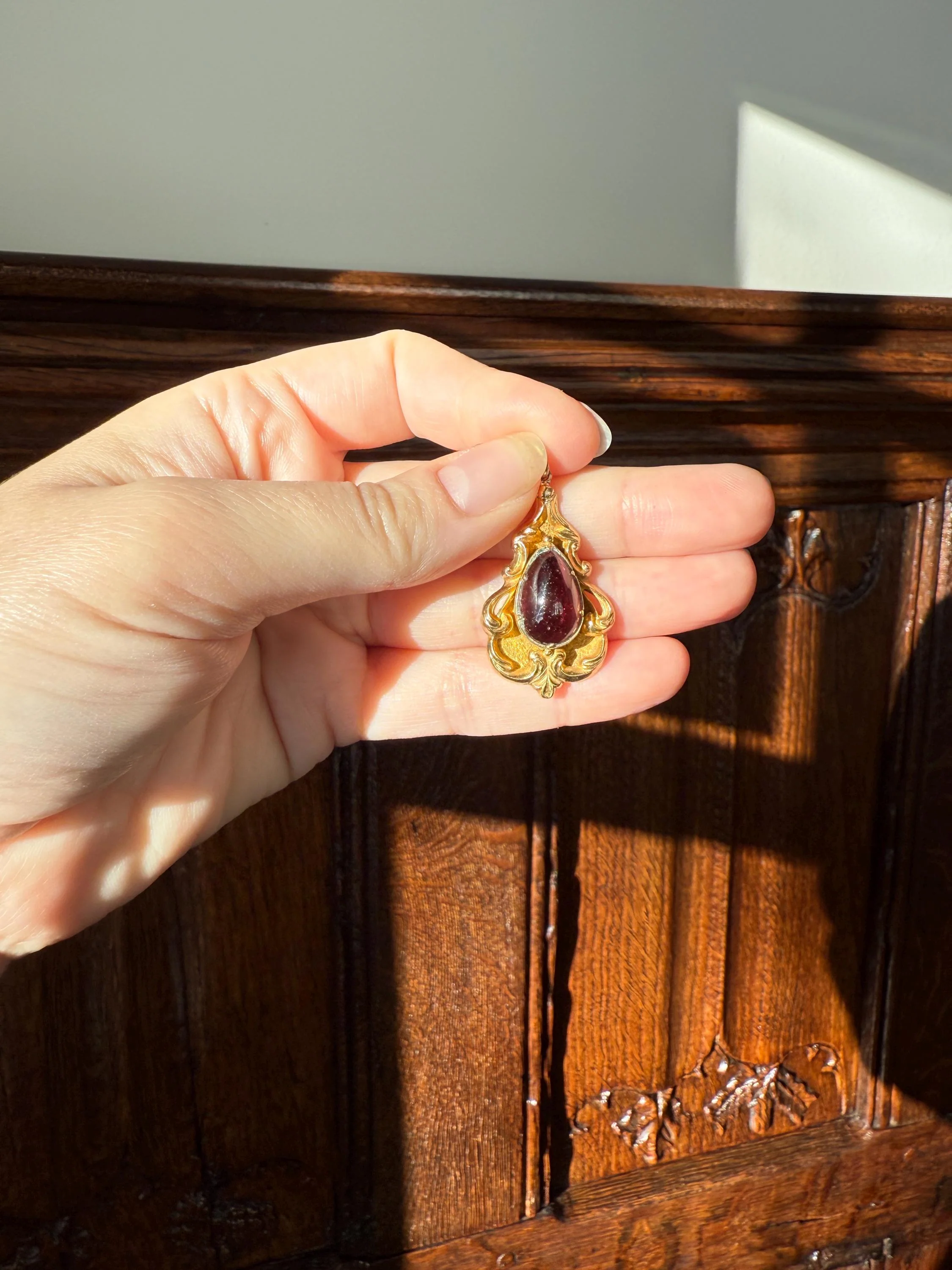 Juicy Victorian Antique Crimson Red Pear Natural Garnet 18k Gold Scrolled Teardrop Pendant Ornate Inner Glow - Image 13