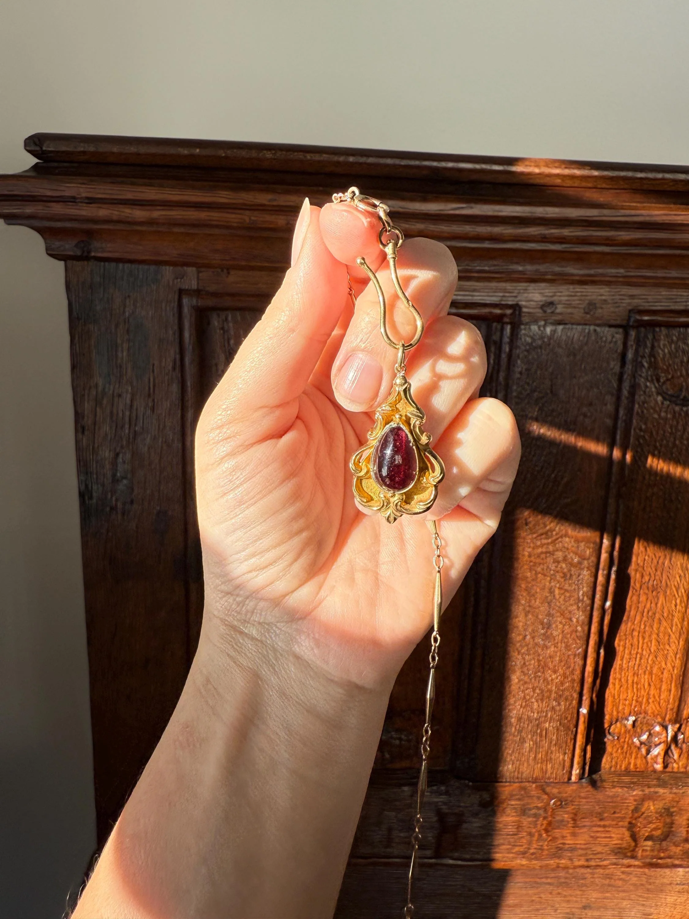 Juicy Victorian Antique Crimson Red Pear Natural Garnet 18k Gold Scrolled Teardrop Pendant Ornate Inner Glow - Image 18