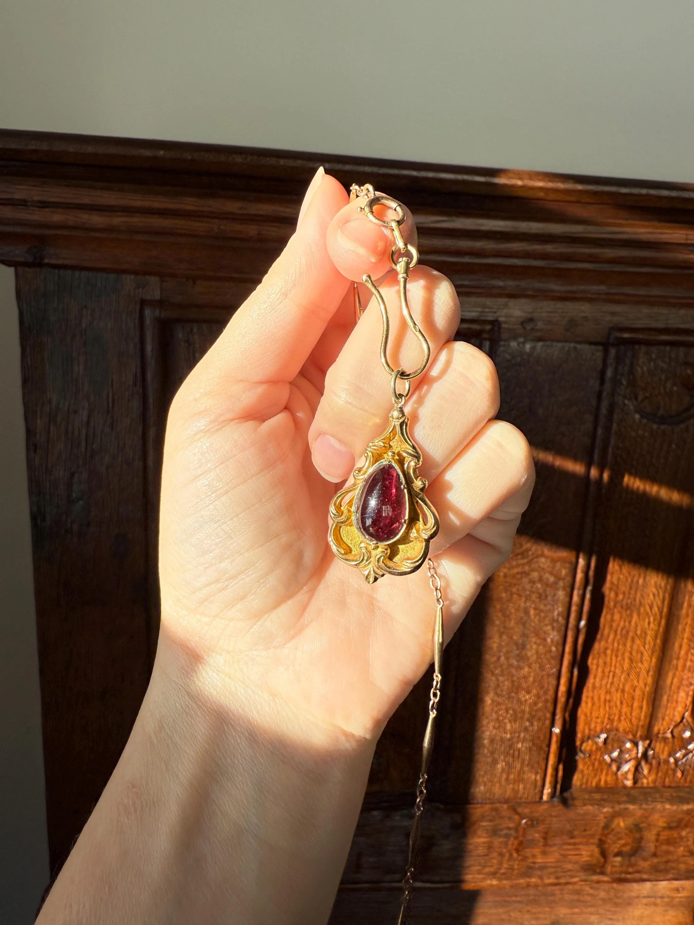 Juicy Victorian Antique Crimson Red Pear Natural Garnet 18k Gold Scrolled Teardrop Pendant Ornate Inner Glow - Image 19