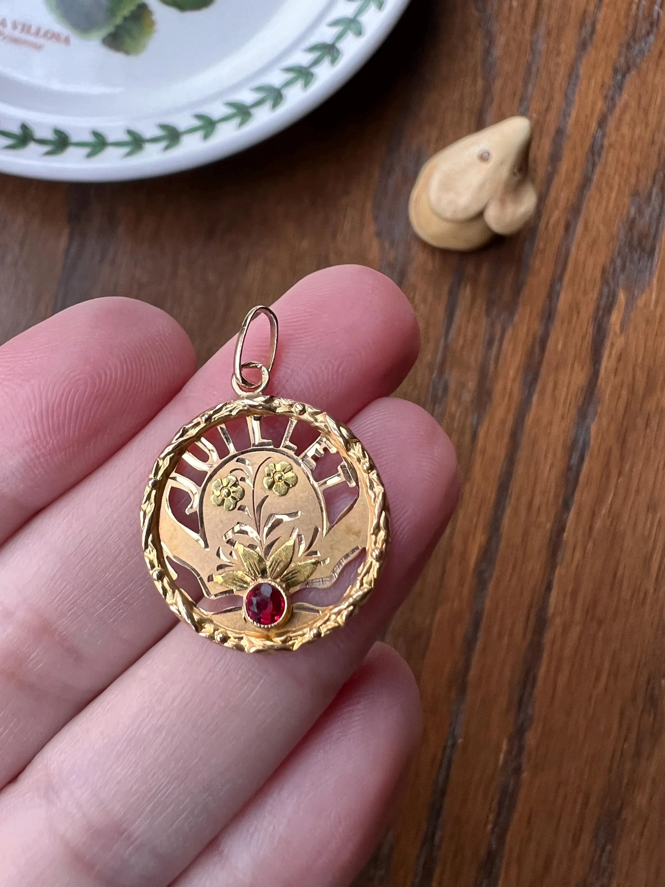 JULY Dated 1924 Floral French Antique Birthday Month 18k Gold Pendant Paste Ruby Garland Halo Belle Epoque