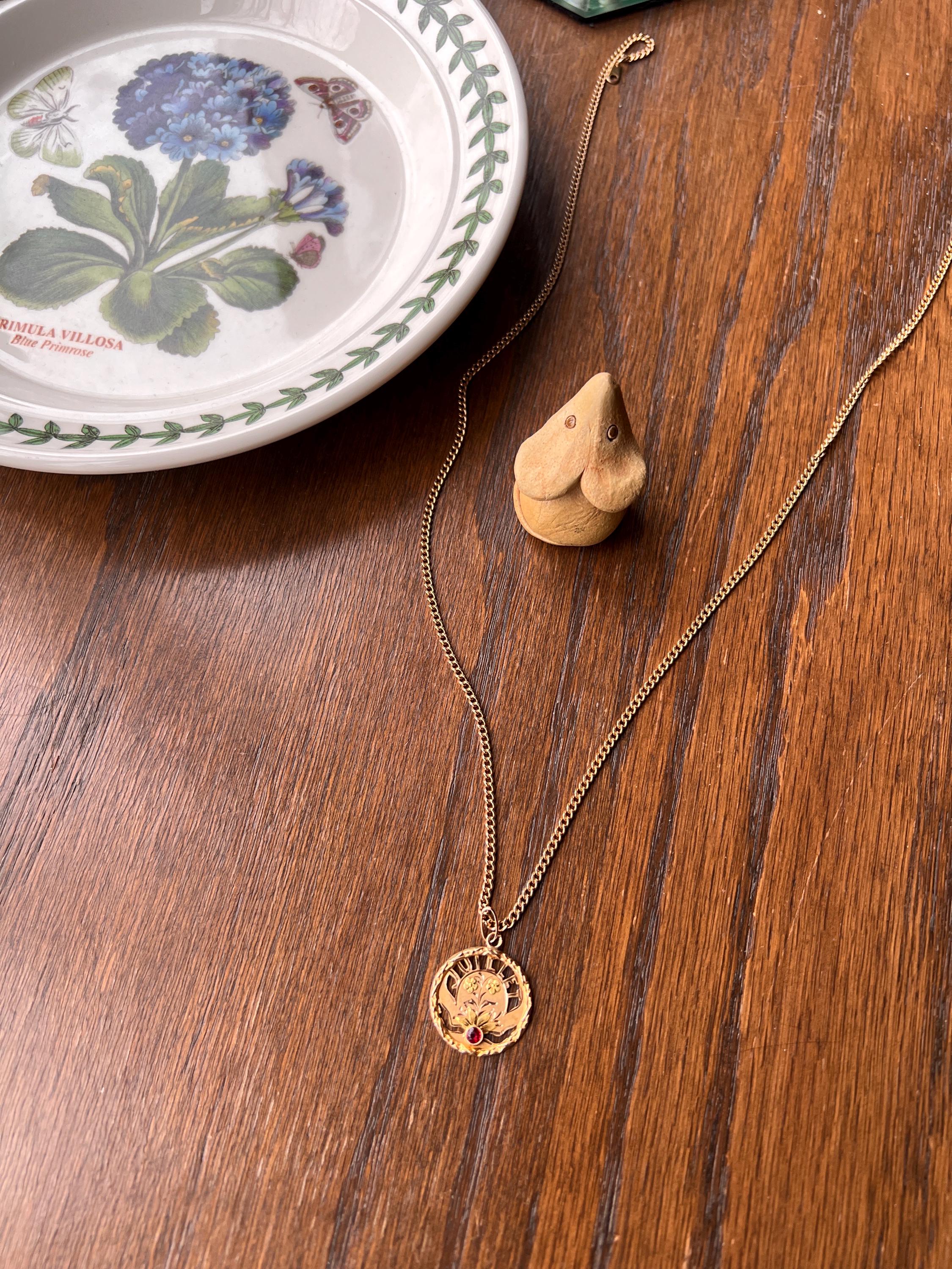 JULY Dated 1924 Floral French Antique Birthday Month 18k Gold Pendant Paste Ruby Garland Halo Belle Epoque - Image 5