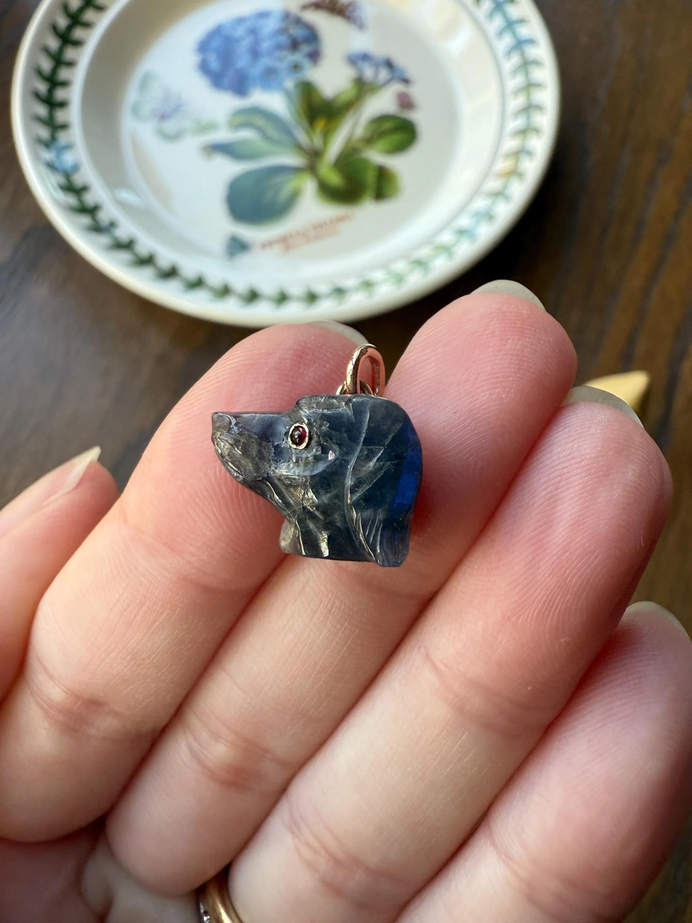 LABRADORITE Blue Labrador ; ) DOG Head Carved Antique Victorian French 18k Gold Figural Hunting Loyalty Hound Pendant Bracelet Charm Animal - Image 10
