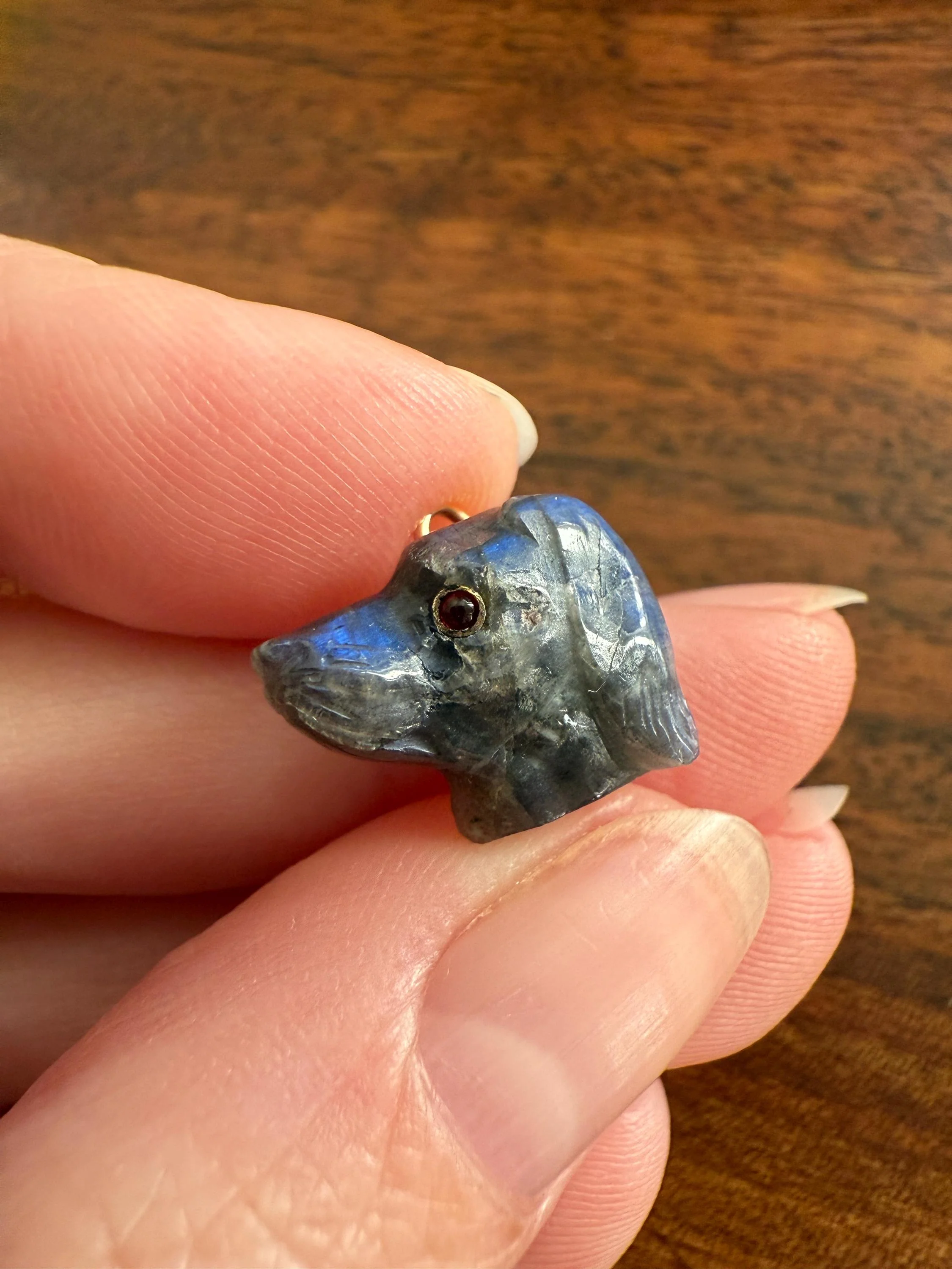 LABRADORITE Blue Labrador ; ) DOG Head Carved Antique Victorian French 18k Gold Figural Hunting Loyalty Hound Pendant Bracelet Charm Animal - Image 15