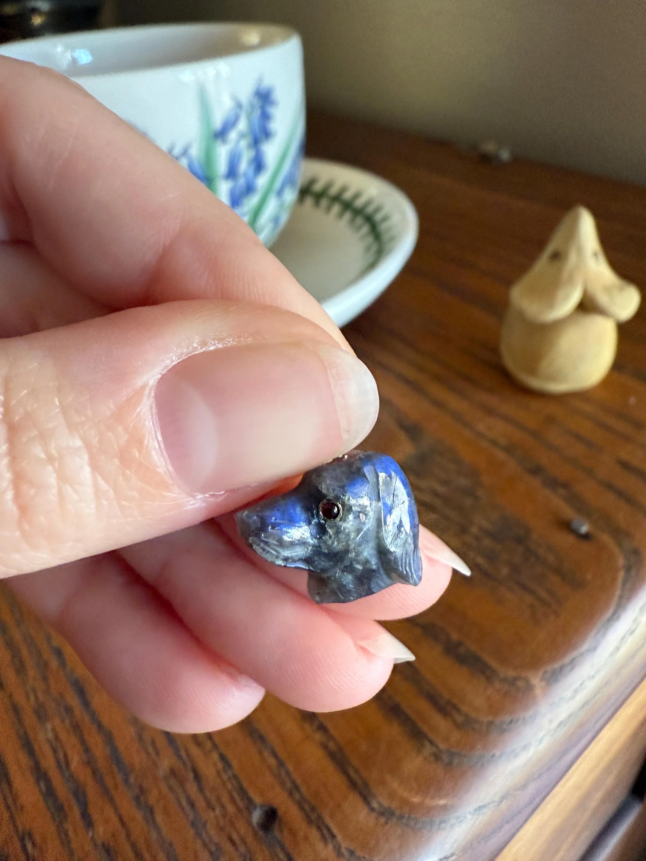 LABRADORITE Blue Labrador ; ) DOG Head Carved Antique Victorian French 18k Gold Figural Hunting Loyalty Hound Pendant Bracelet Charm Animal - Image 2