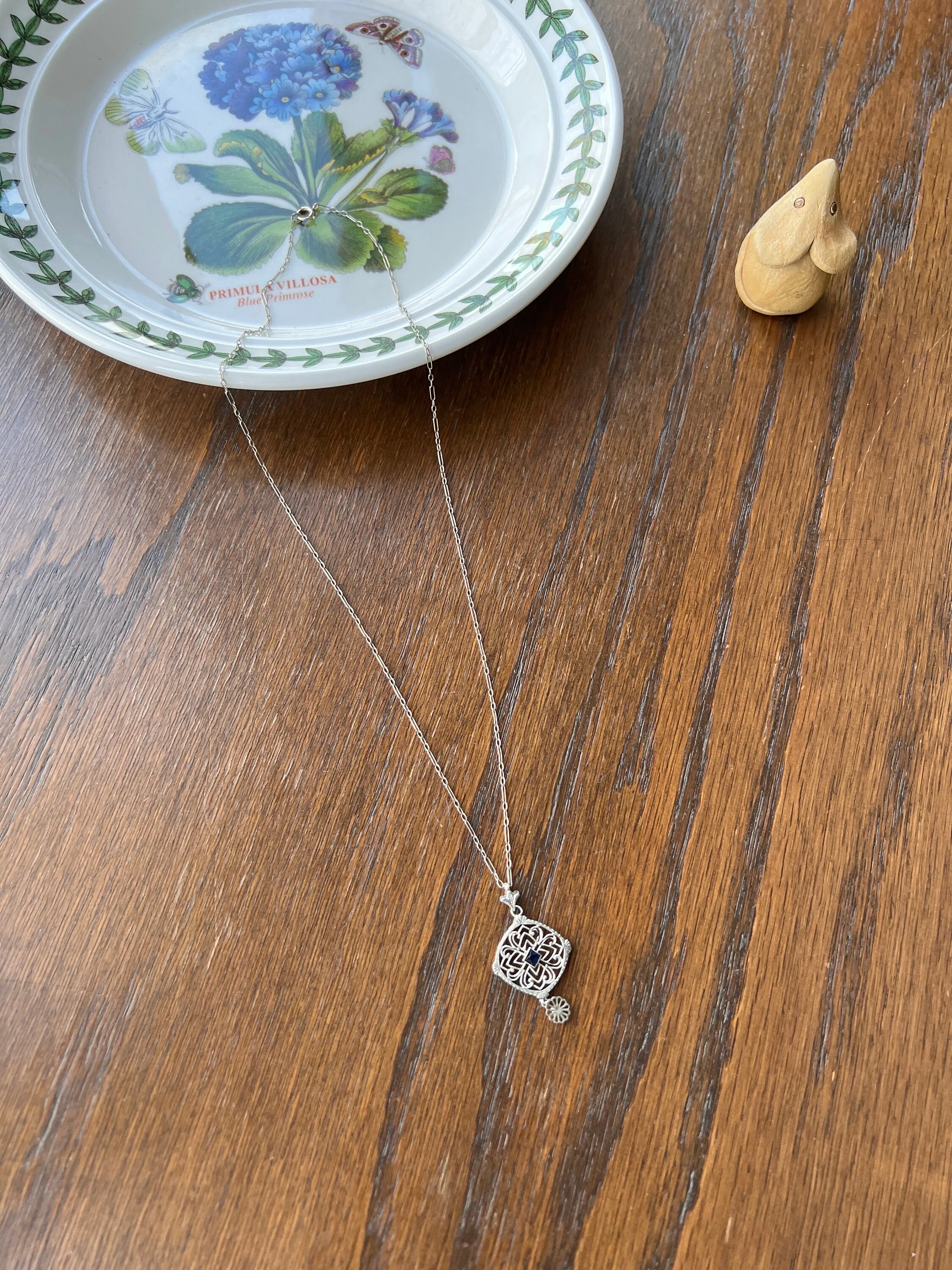 LACE Filigree Antique Art Deco Pendant on Ornate Link Chain 14k White Gold  Blue Paste Faux Sapphire Dangle - Image 3