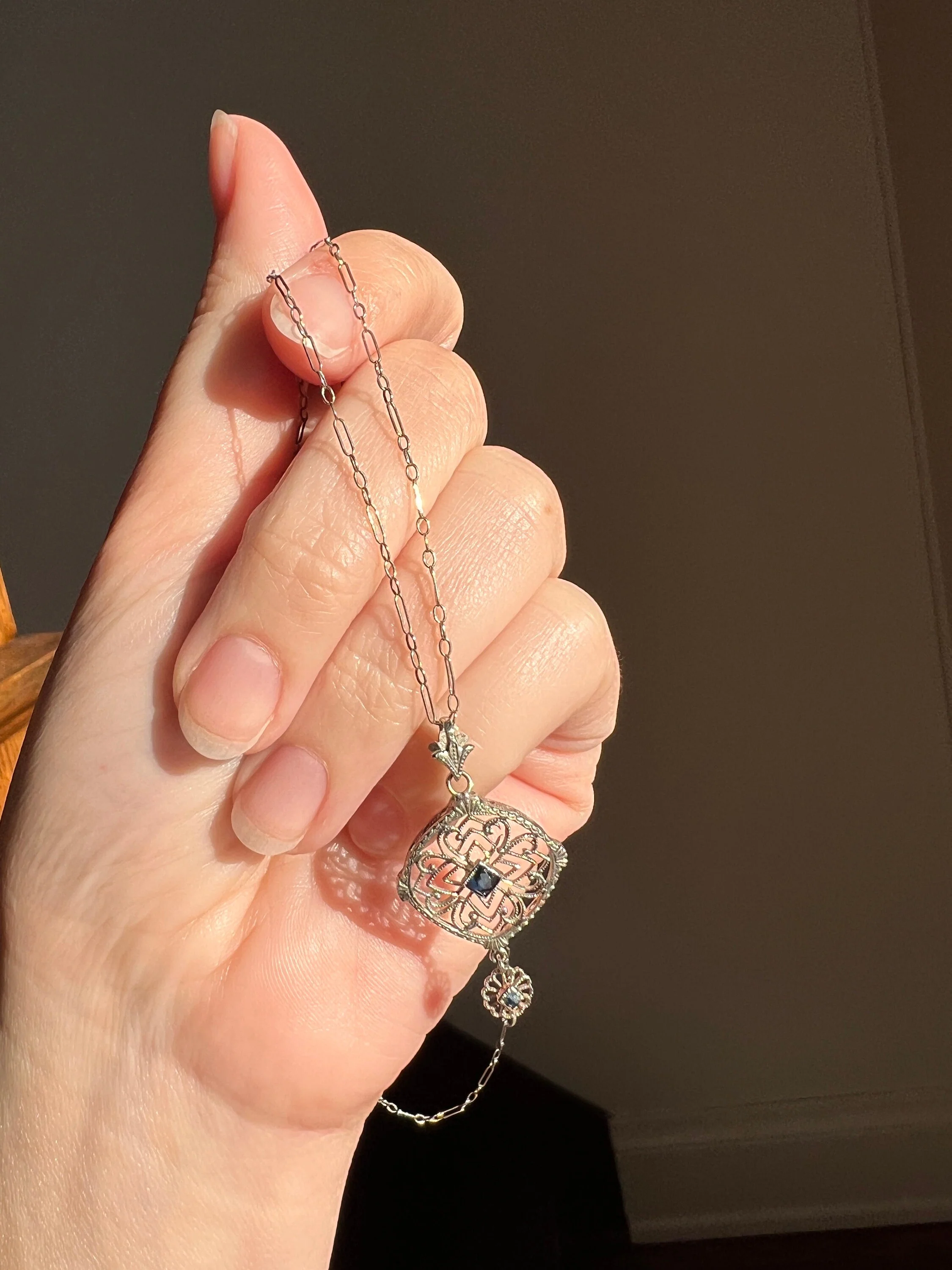 LACE Filigree Antique Art Deco Pendant on Ornate Link Chain 14k White Gold  Blue Paste Faux Sapphire Dangle - Image 7