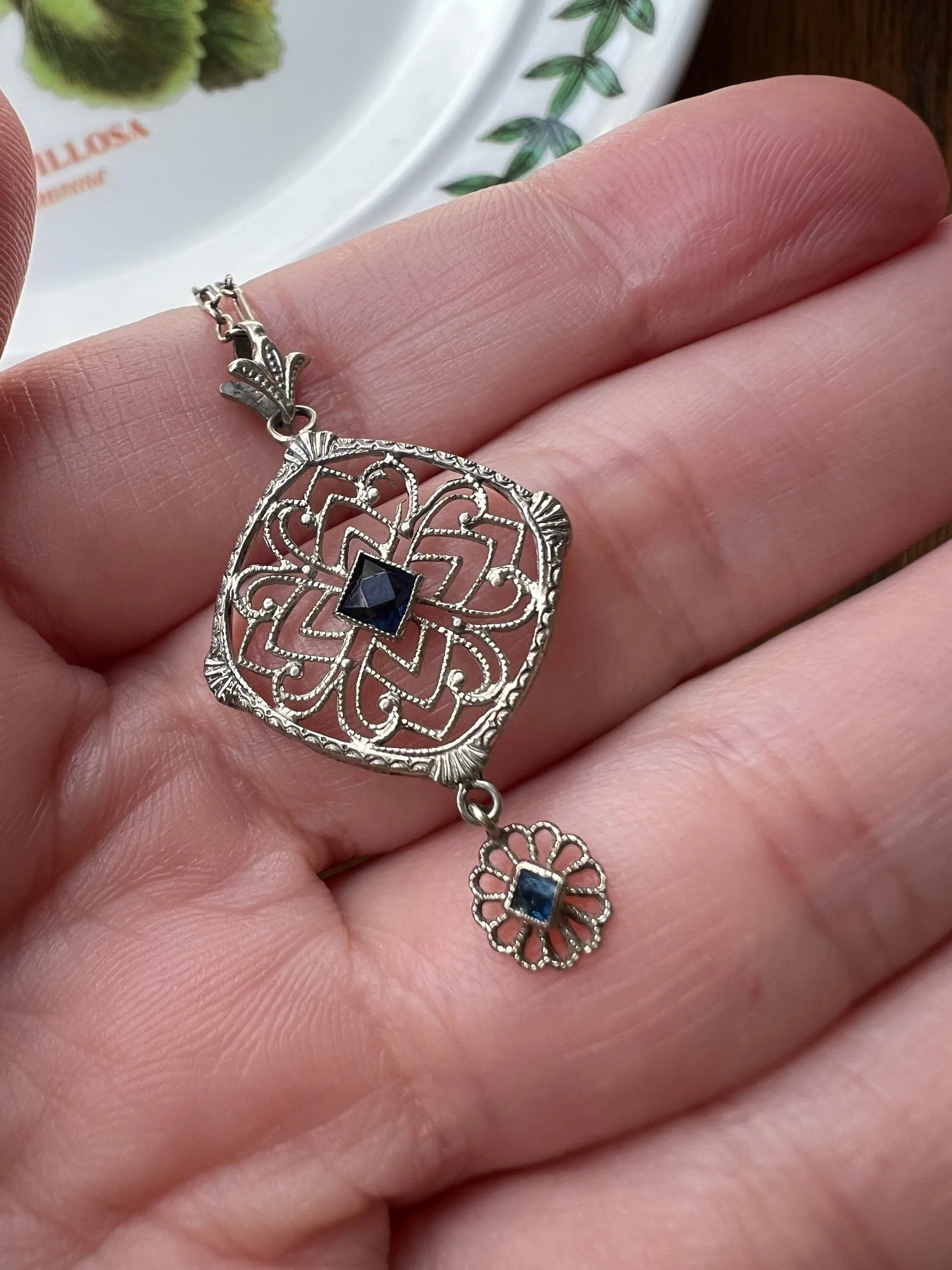 LACE Filigree Antique Art Deco Pendant on Ornate Link Chain 14k White Gold  Blue Paste Faux Sapphire Dangle - Image 8