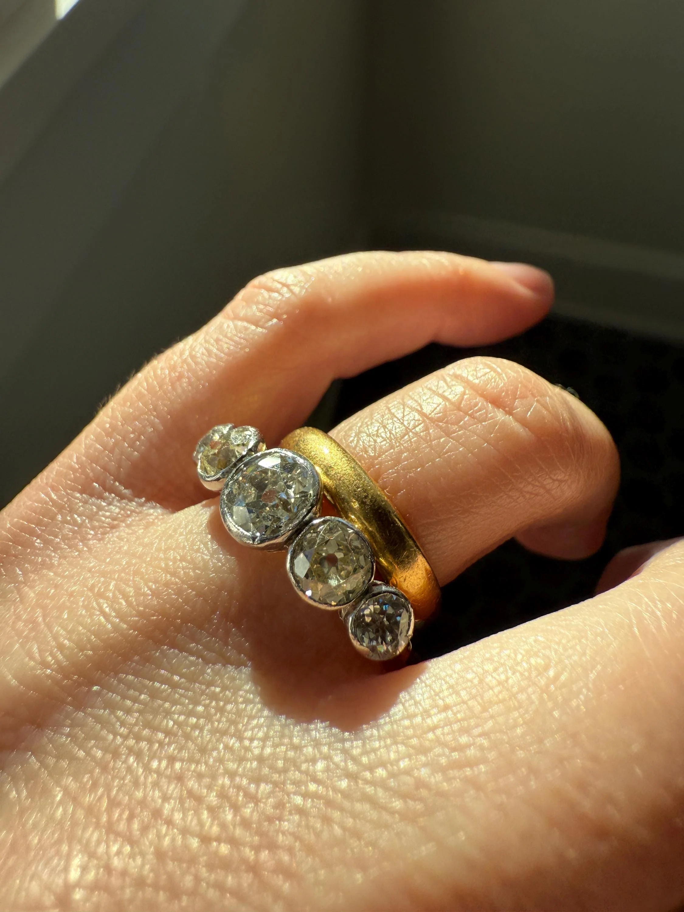 Large Antique 3 CARATS Old Mine Cut DIAMOND Five Stone Stacker Band Bezel Set Edwardian 18k Gold Big Finger Size 3Ctw OMC - Image 13