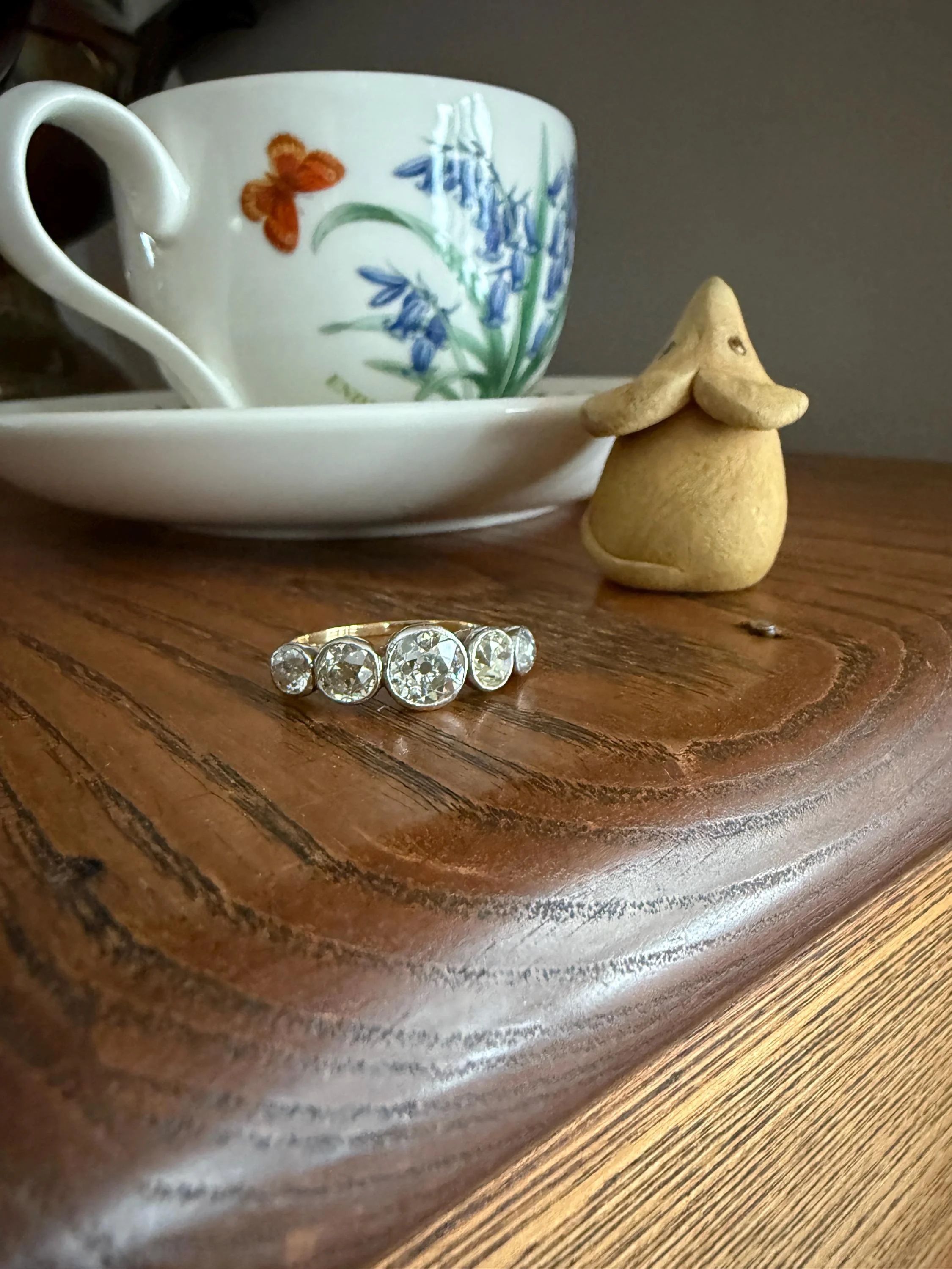 Large Antique 3 CARATS Old Mine Cut DIAMOND Five Stone Stacker Band Bezel Set Edwardian 18k Gold Big Finger Size 3Ctw OMC - Image 6