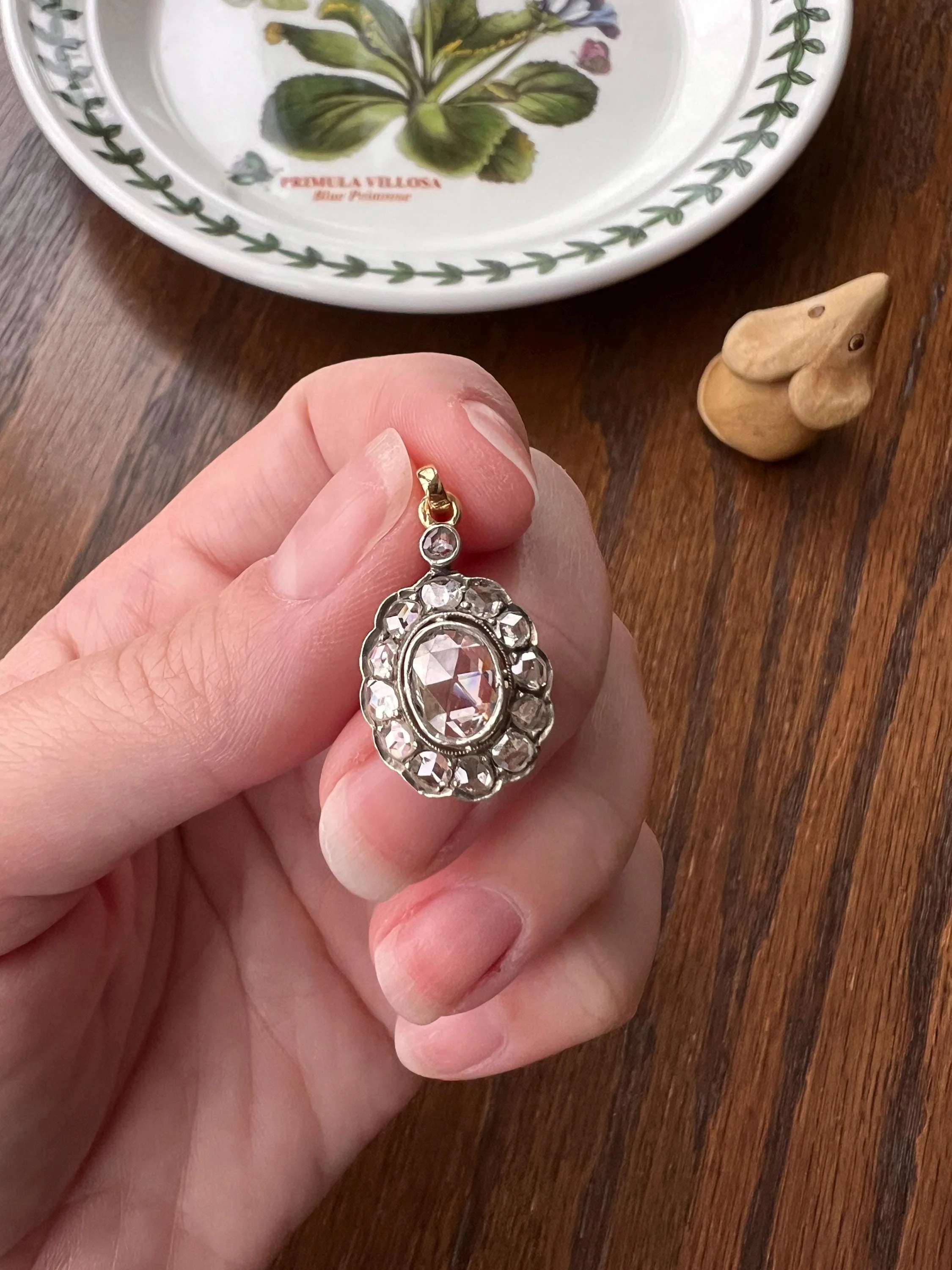 Large Antique Halo Cluster PENDANT 2 Carats Rose Cut DIAMOND French 18k Gold Silver - Image 11