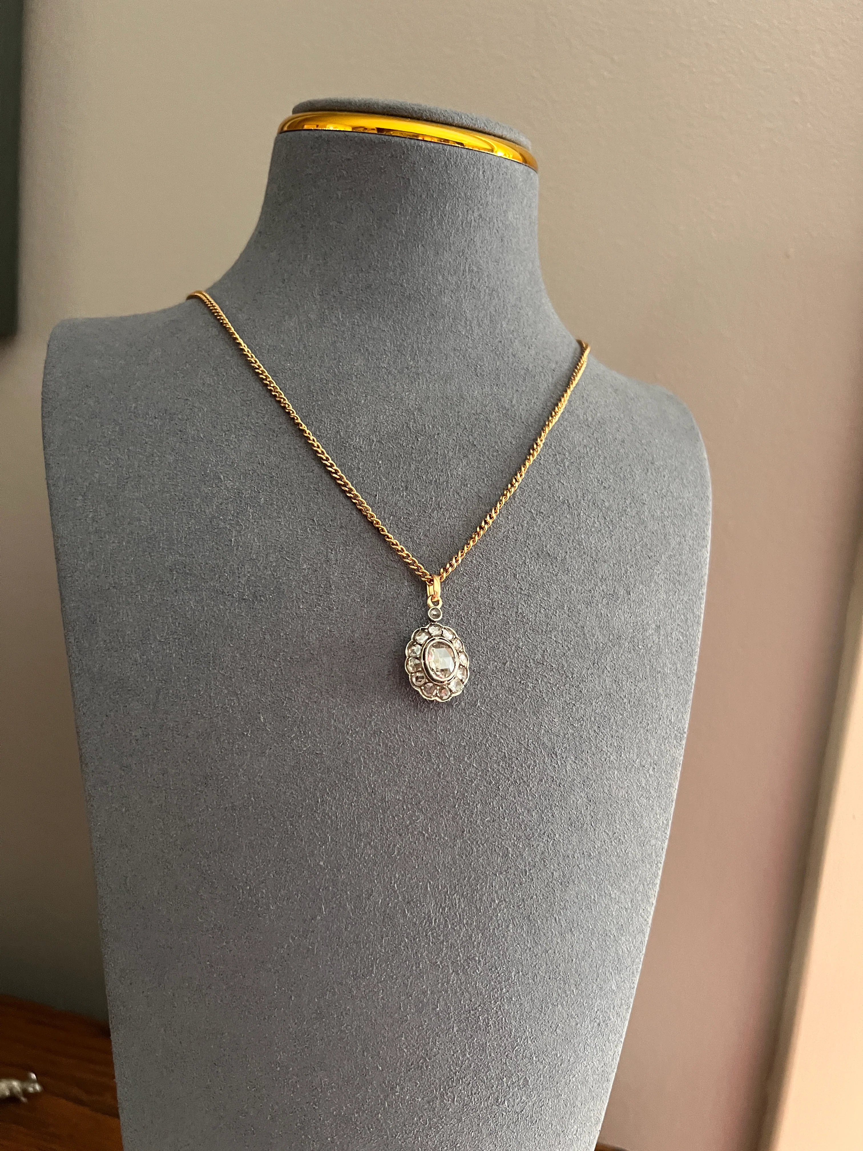 Large Antique Halo Cluster PENDANT 2 Carats Rose Cut DIAMOND French 18k Gold Silver - Image 14