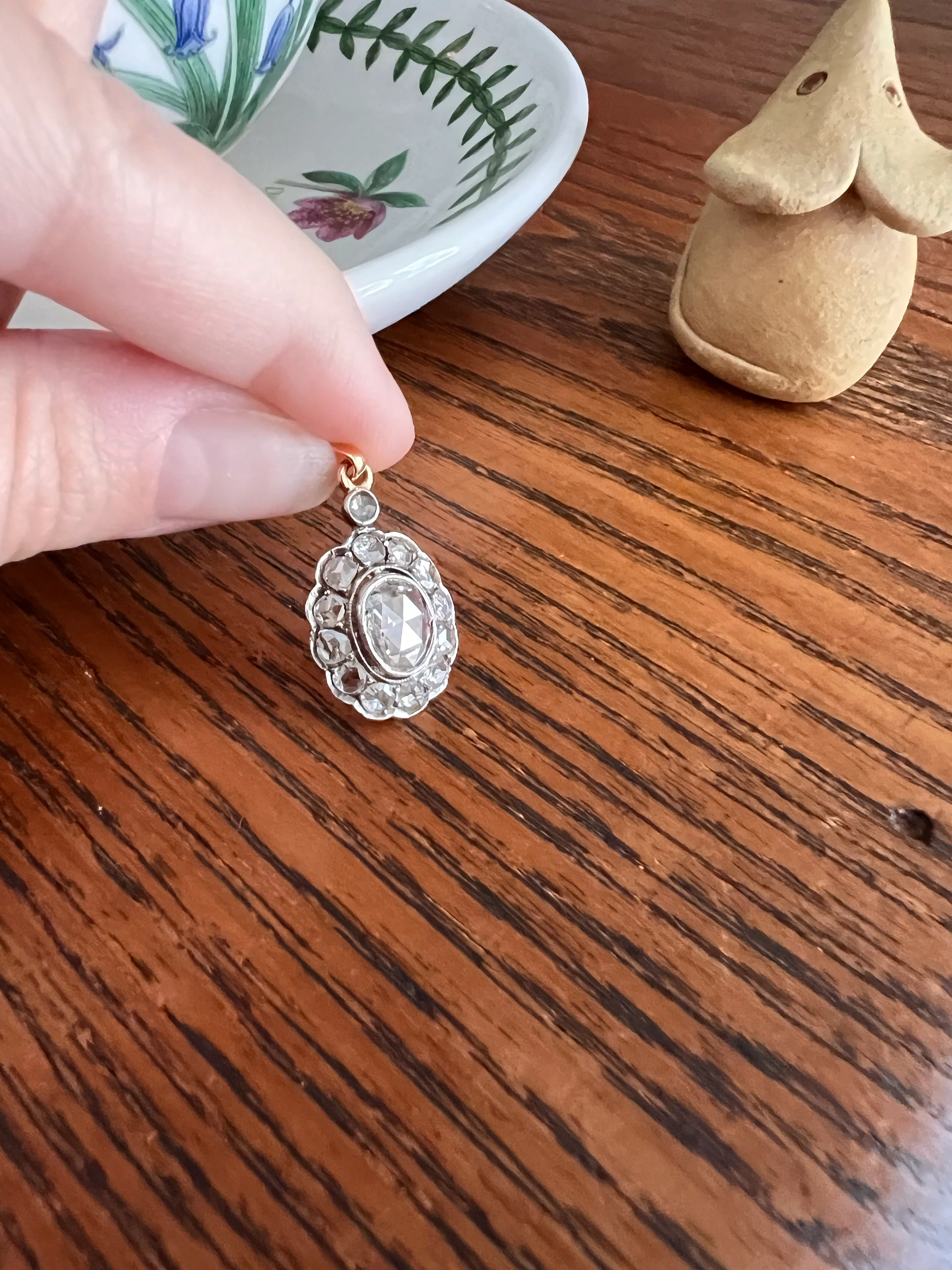 Large Antique Halo Cluster PENDANT 2 Carats Rose Cut DIAMOND French 18k Gold Silver - Image 15