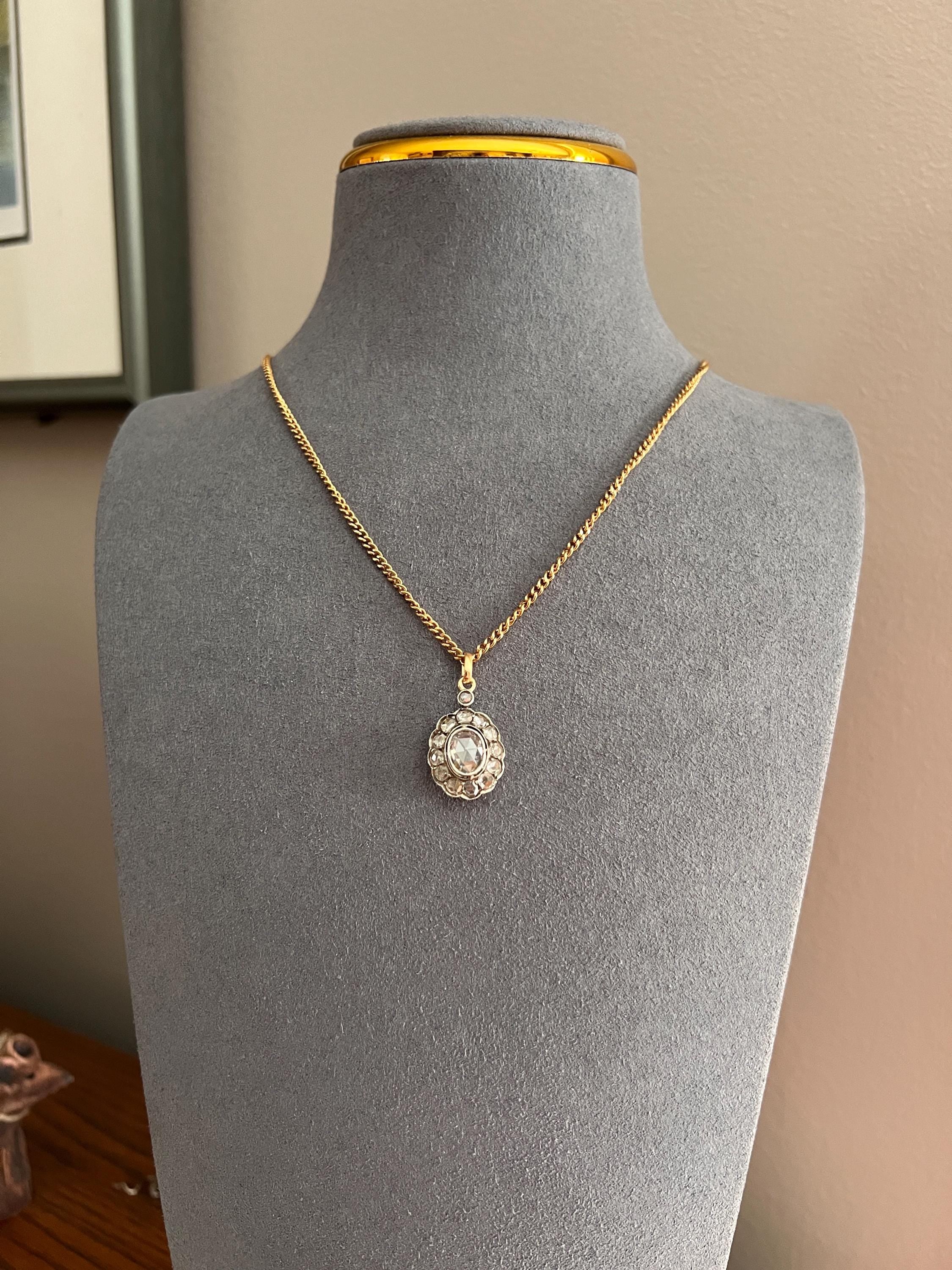 Large Antique Halo Cluster PENDANT 2 Carats Rose Cut DIAMOND French 18k Gold Silver - Image 2