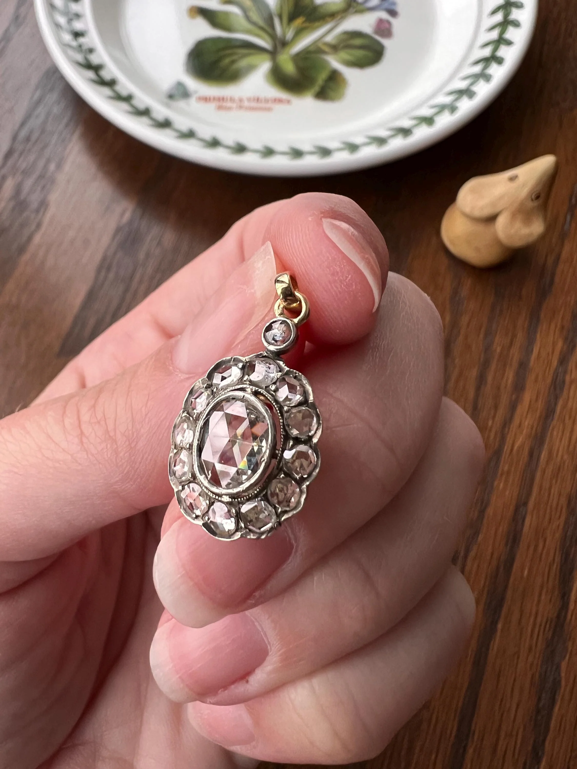 Large Antique Halo Cluster PENDANT 2 Carats Rose Cut DIAMOND French 18k Gold Silver - Image 5