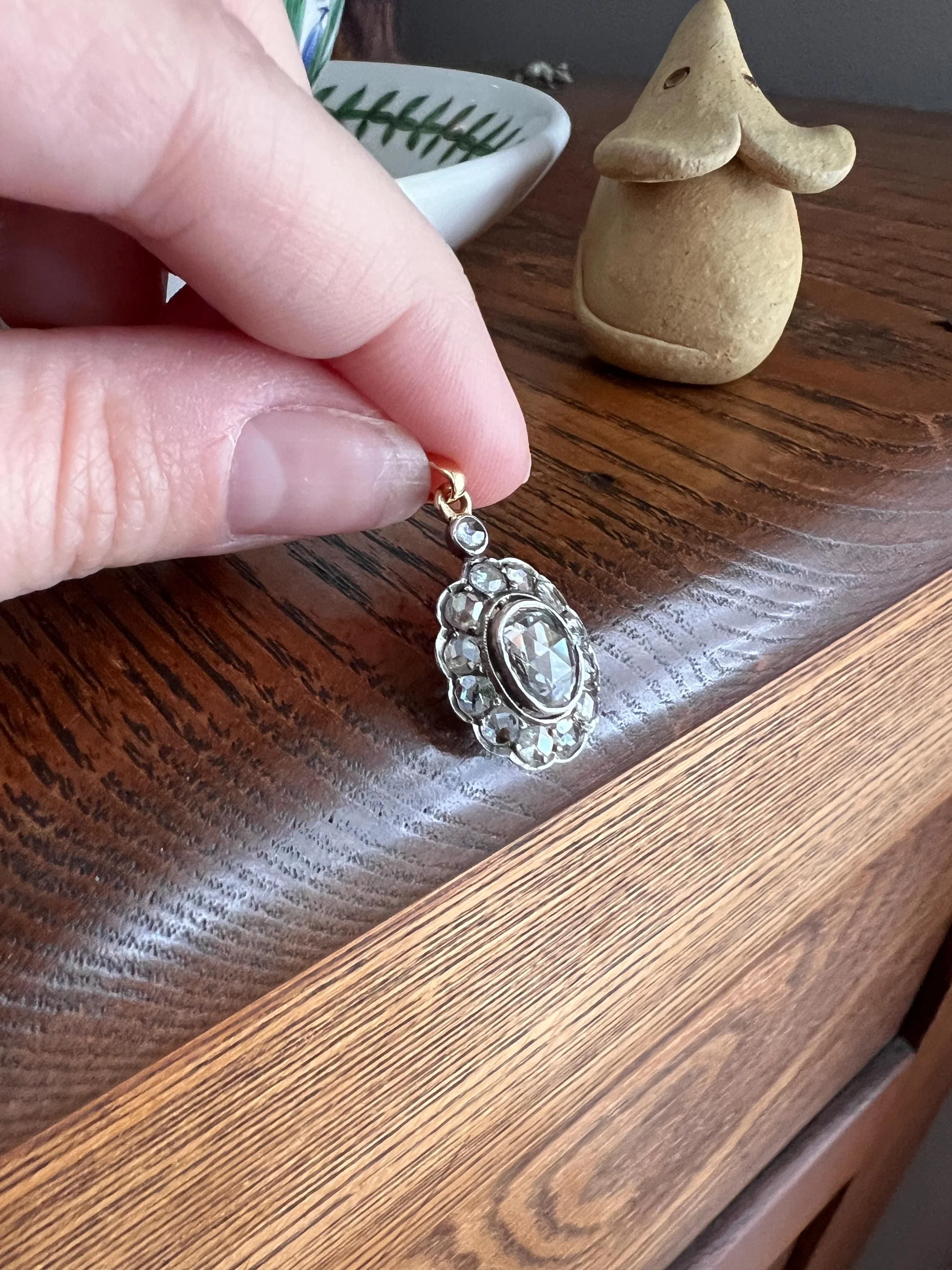 Large Antique Halo Cluster PENDANT 2 Carats Rose Cut DIAMOND French 18k Gold Silver - Image 8