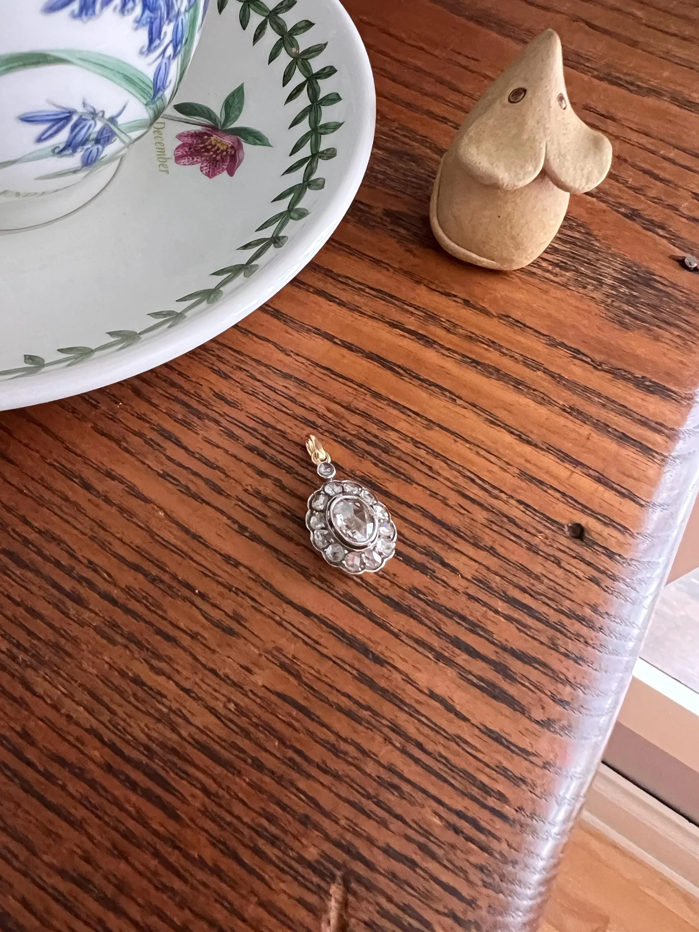 Large Antique Halo Cluster PENDANT 2 Carats Rose Cut DIAMOND French 18k Gold Silver - Image 9