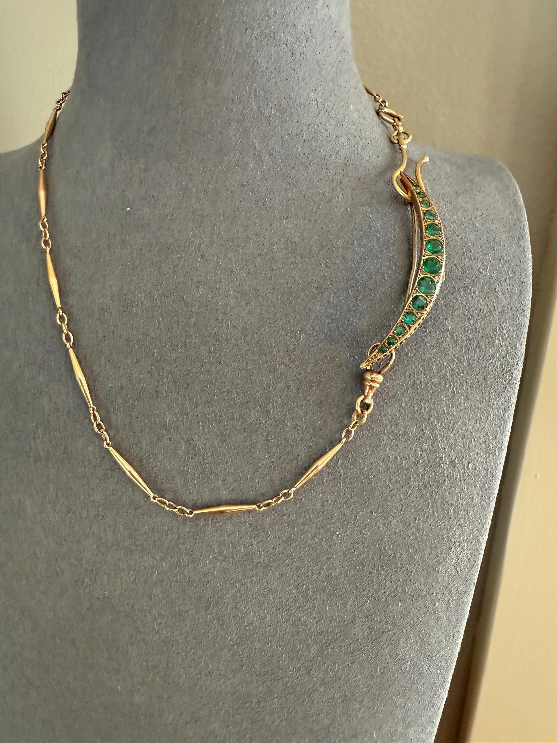 Large MOON Crescent Brooch 9k Gold c1905 Green Paste Rose Cut DIAMOND Extender Connector Pendant Holder Figural Celestial Pin - Image 10