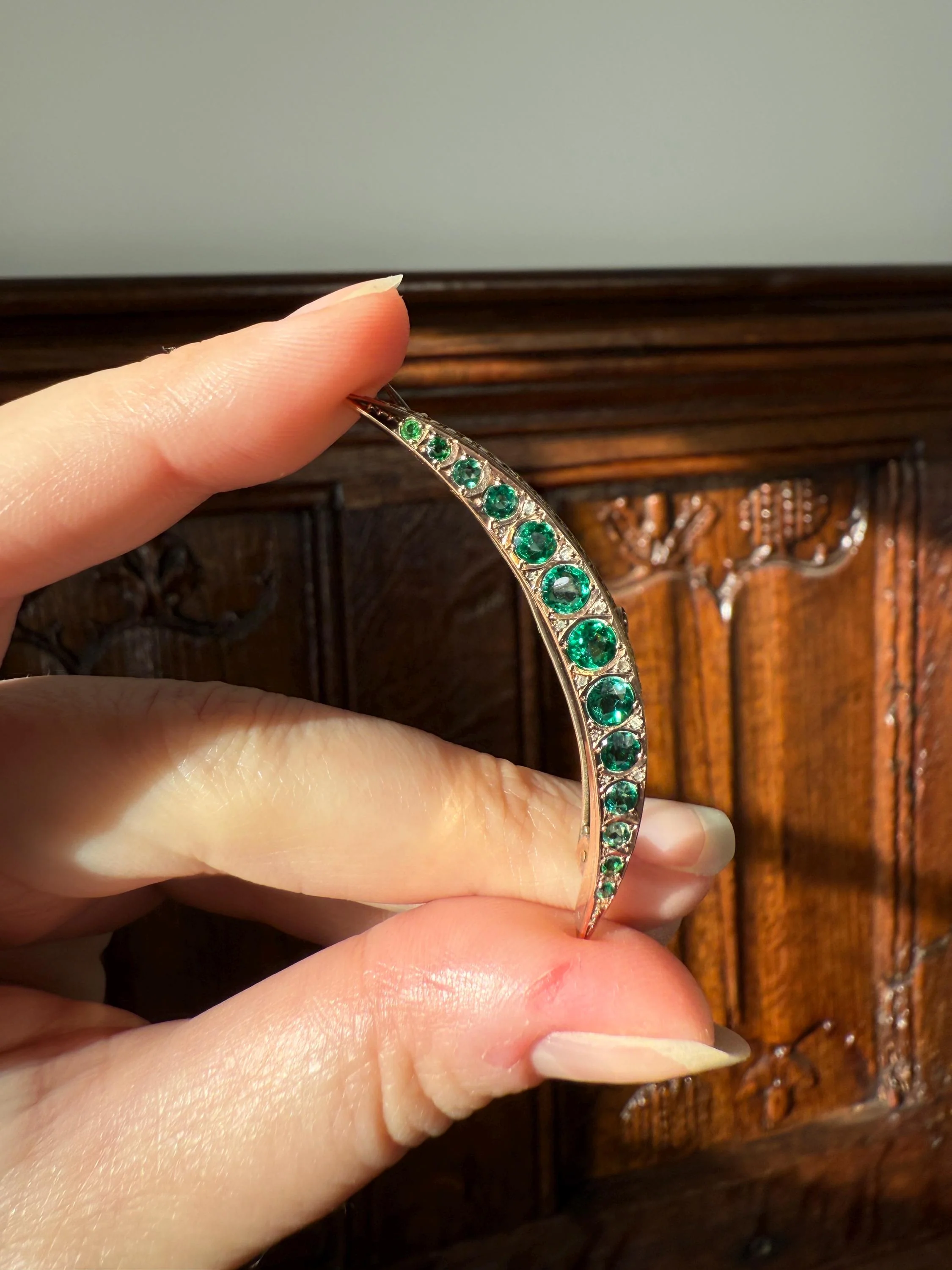 Large MOON Crescent Brooch 9k Gold c1905 Green Paste Rose Cut DIAMOND Extender Connector Pendant Holder Figural Celestial Pin - Image 11