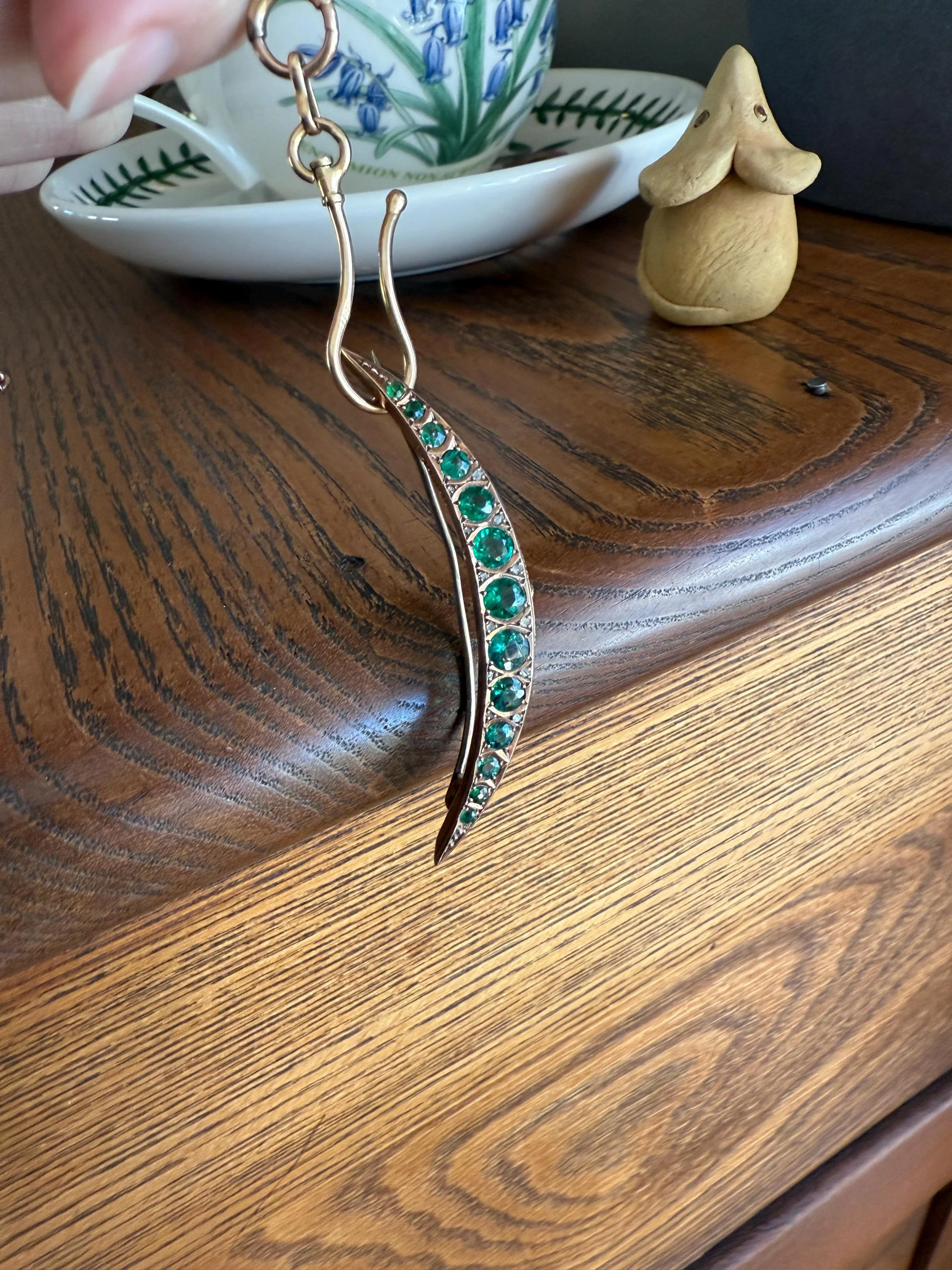 Large MOON Crescent Brooch 9k Gold c1905 Green Paste Rose Cut DIAMOND Extender Connector Pendant Holder Figural Celestial Pin - Image 12