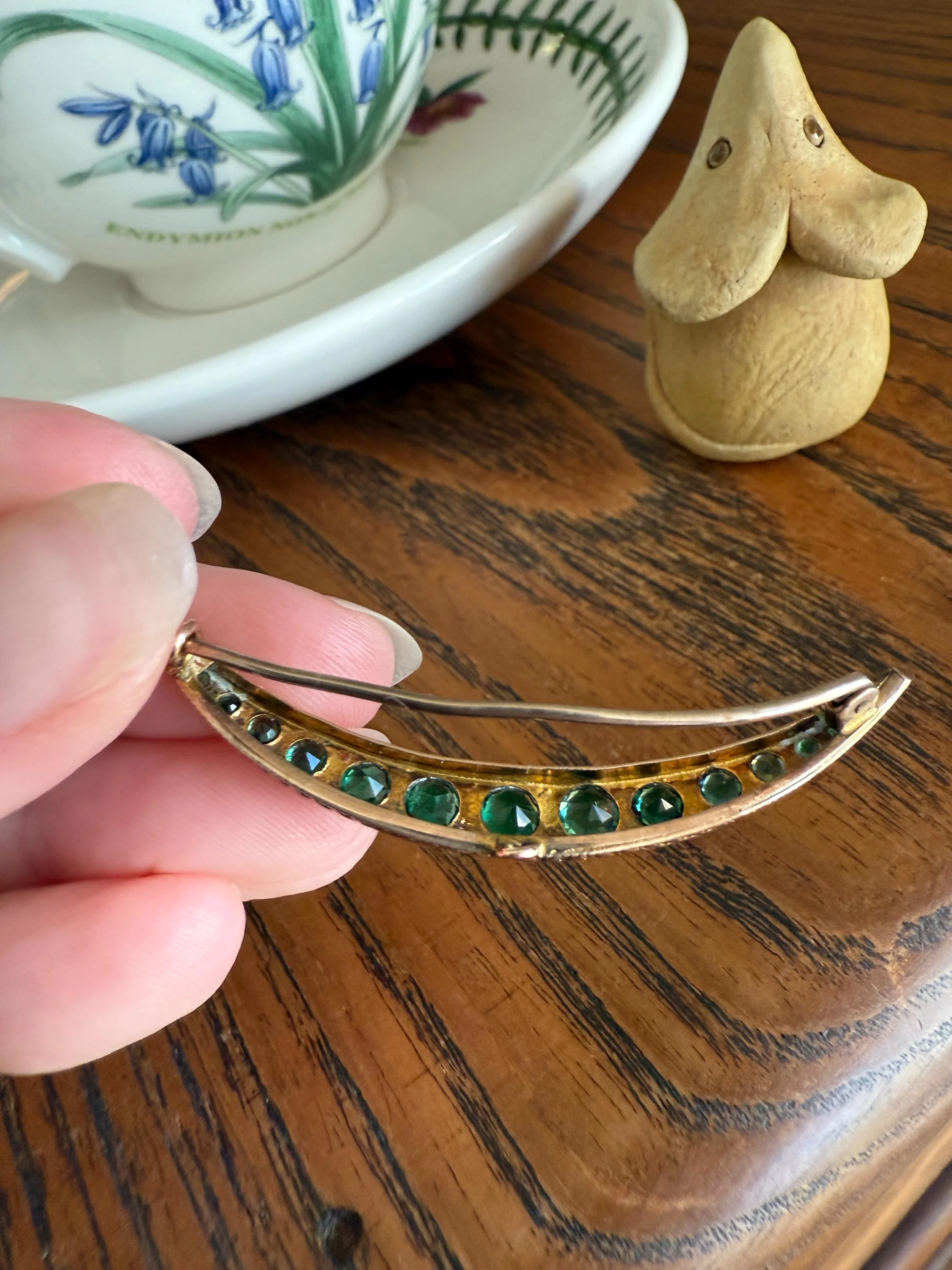 Large MOON Crescent Brooch 9k Gold c1905 Green Paste Rose Cut DIAMOND Extender Connector Pendant Holder Figural Celestial Pin - Image 16