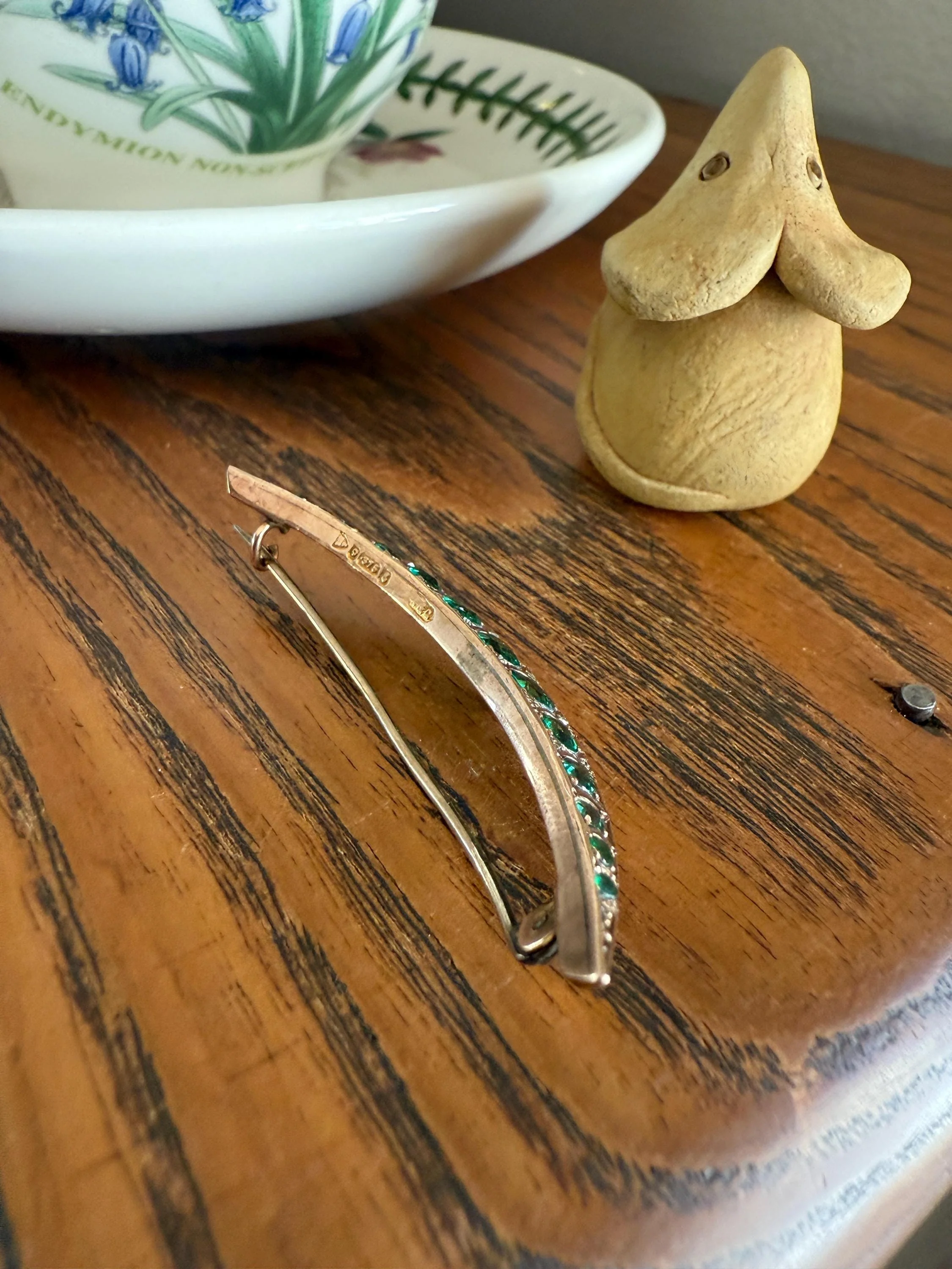 Large MOON Crescent Brooch 9k Gold c1905 Green Paste Rose Cut DIAMOND Extender Connector Pendant Holder Figural Celestial Pin - Image 17