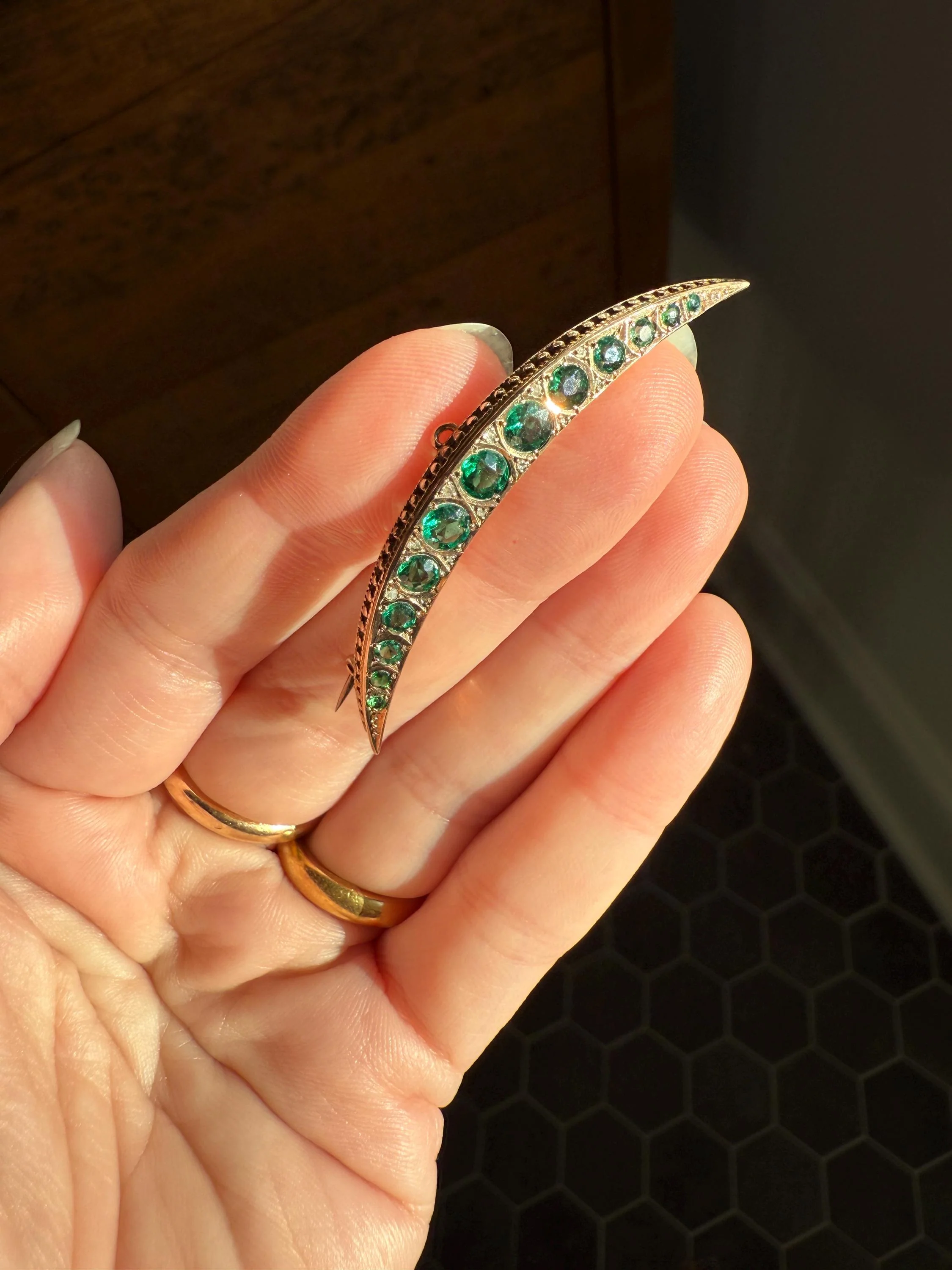 Large MOON Crescent Brooch 9k Gold c1905 Green Paste Rose Cut DIAMOND Extender Connector Pendant Holder Figural Celestial Pin - Image 2