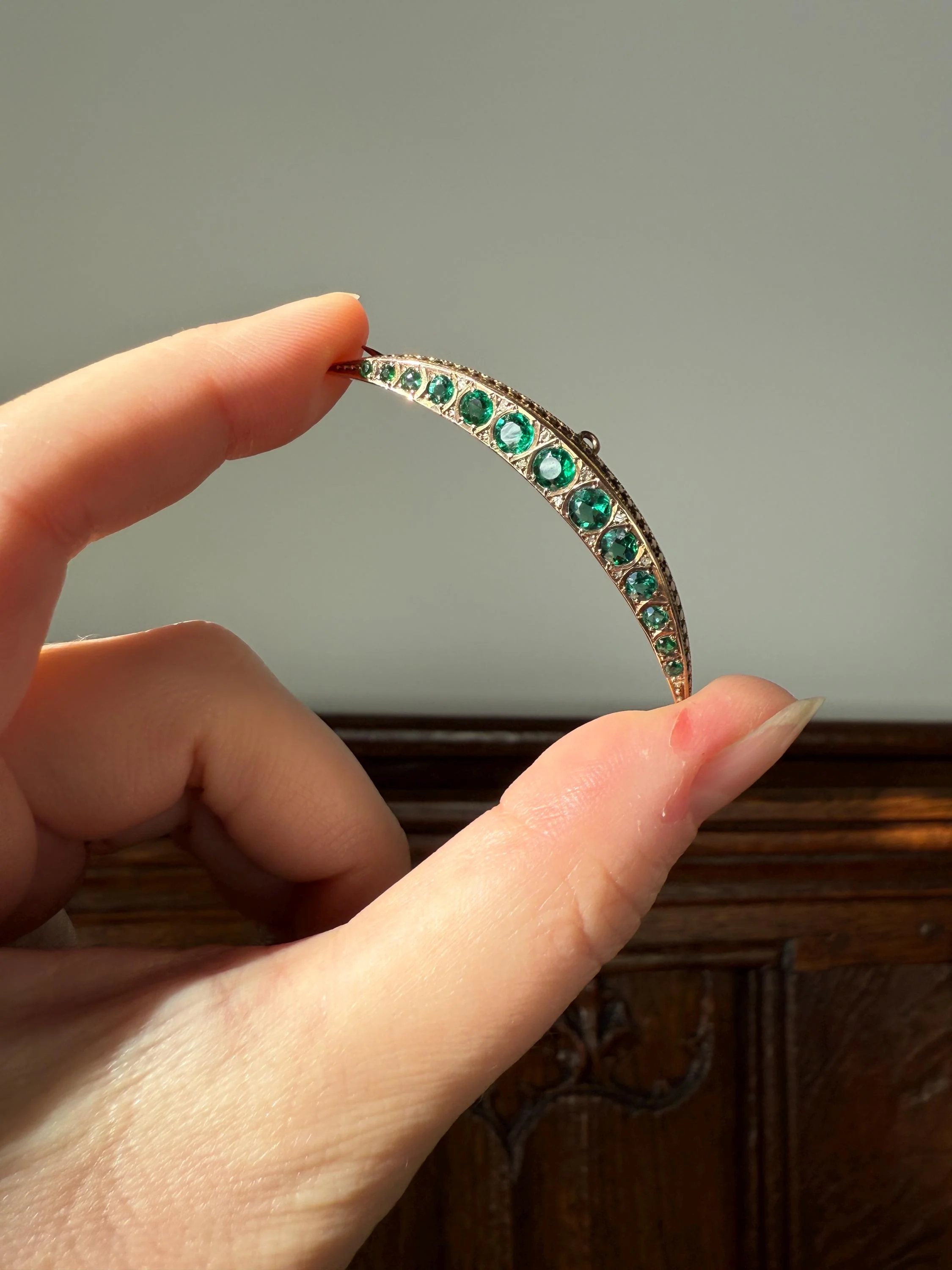 Large MOON Crescent Brooch 9k Gold c1905 Green Paste Rose Cut DIAMOND Extender Connector Pendant Holder Figural Celestial Pin - Image 4
