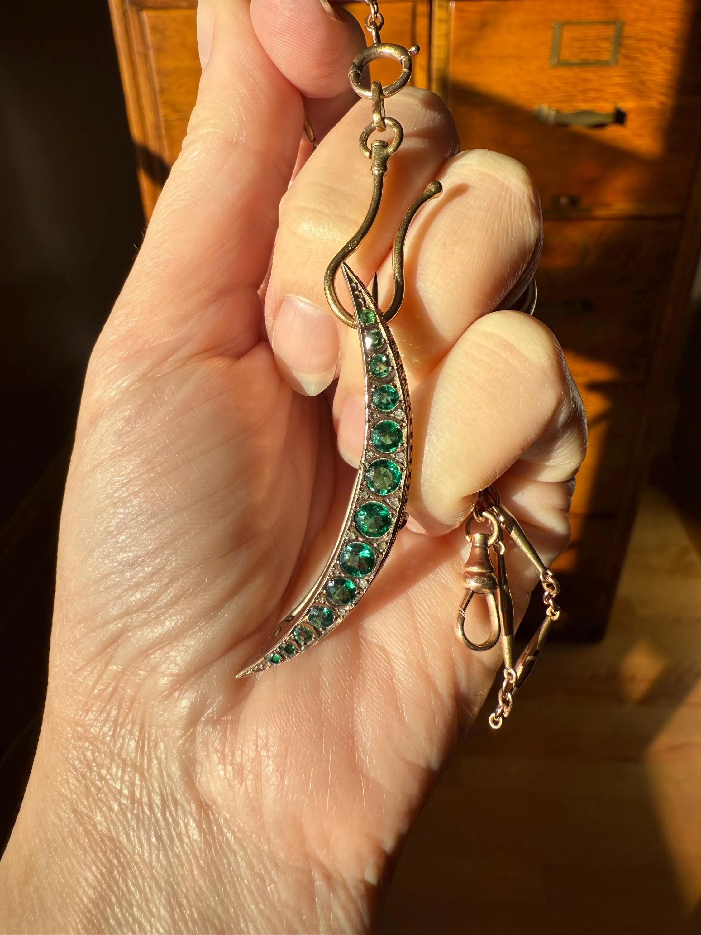 Large MOON Crescent Brooch 9k Gold c1905 Green Paste Rose Cut DIAMOND Extender Connector Pendant Holder Figural Celestial Pin - Image 5