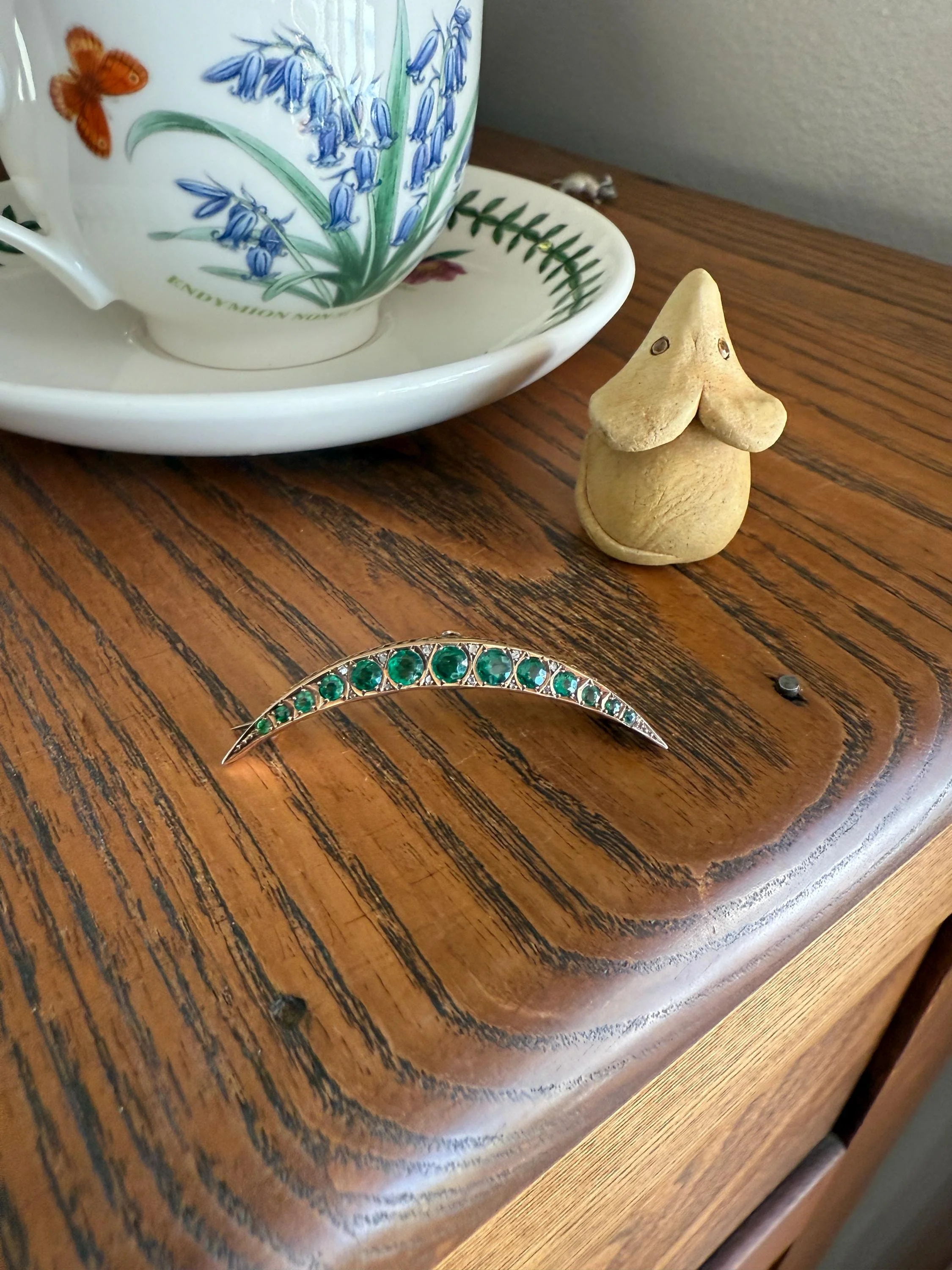 Large MOON Crescent Brooch 9k Gold c1905 Green Paste Rose Cut DIAMOND Extender Connector Pendant Holder Figural Celestial Pin - Image 6