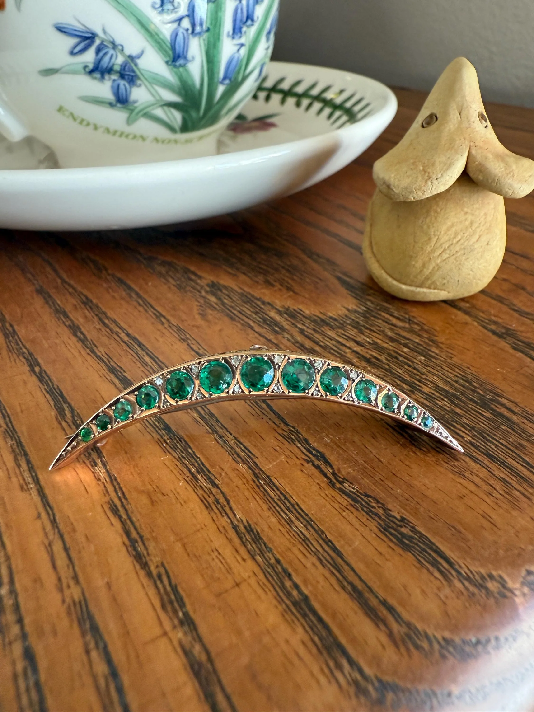 Large MOON Crescent Brooch 9k Gold c1905 Green Paste Rose Cut DIAMOND Extender Connector Pendant Holder Figural Celestial Pin - Image 8