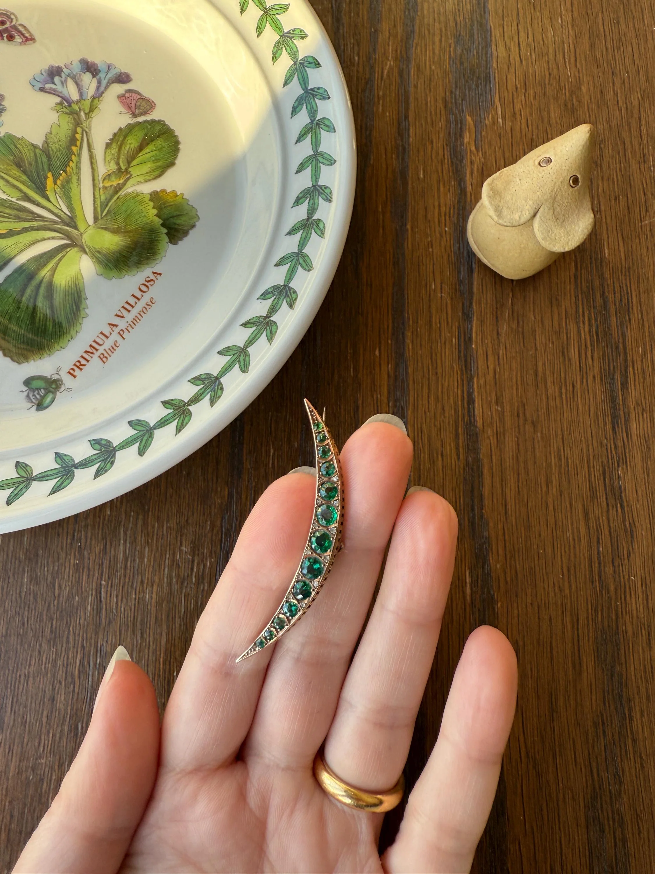 Large MOON Crescent Brooch 9k Gold c1905 Green Paste Rose Cut DIAMOND Extender Connector Pendant Holder Figural Celestial Pin - Image 9