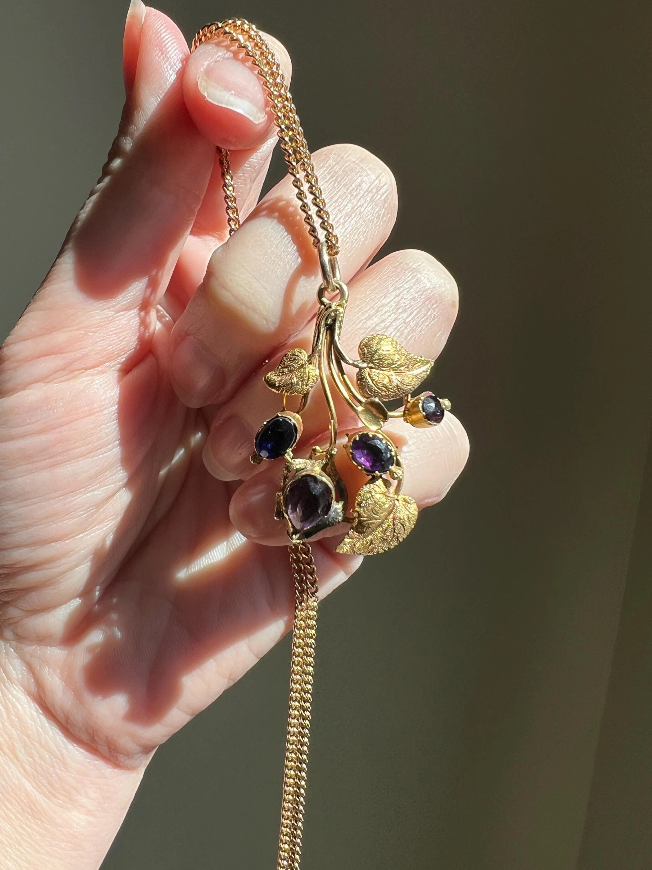 Large Scale FLORAL Leaf FLOWERS Bouquet Pendant Victorian ANTIQUE Purple Amethyst & Teardrop Paste 14k Gold Figural - Image 3