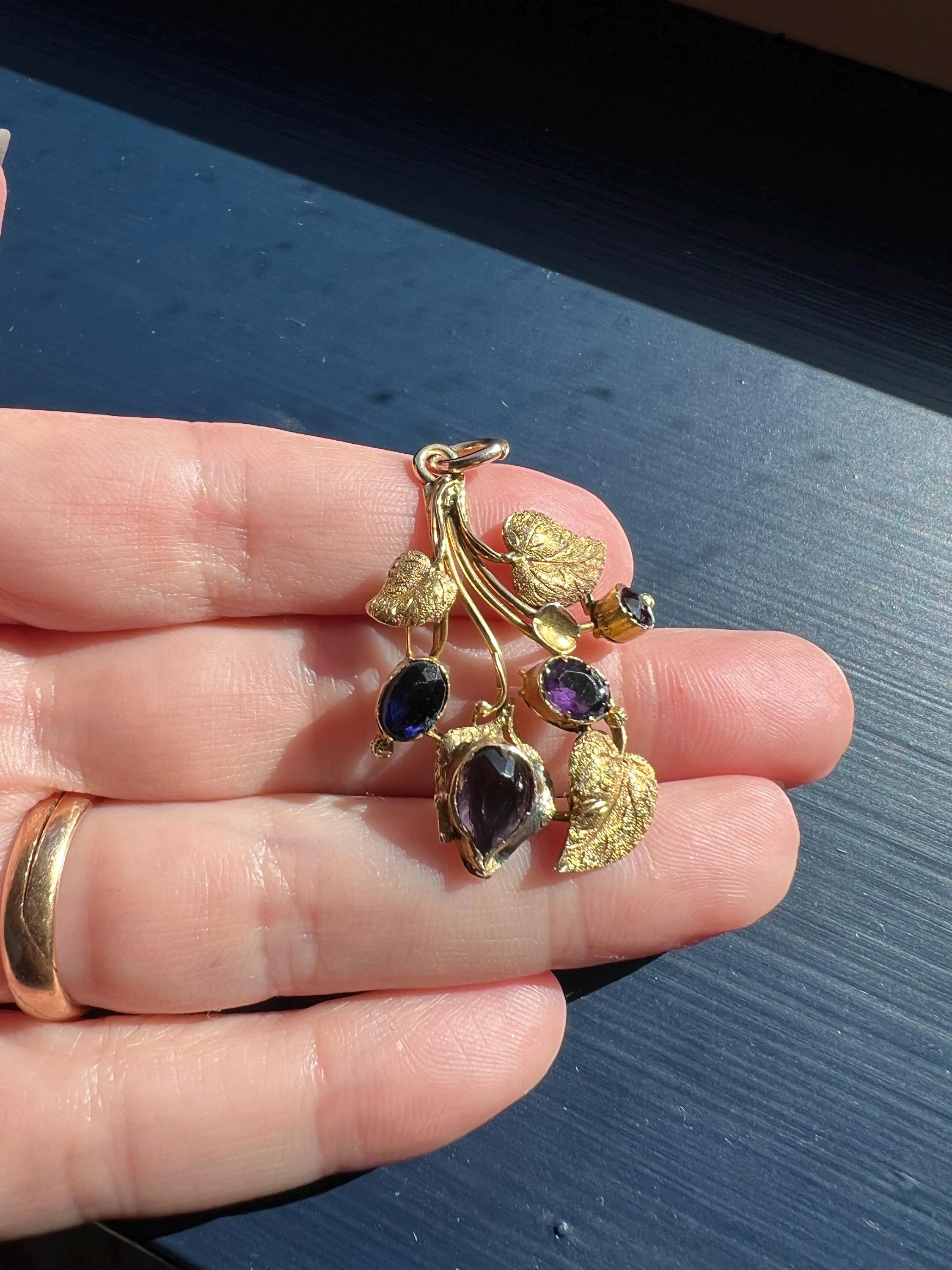 Large Scale FLORAL Leaf FLOWERS Bouquet Pendant Victorian ANTIQUE Purple Amethyst & Teardrop Paste 14k Gold Figural - Image 5