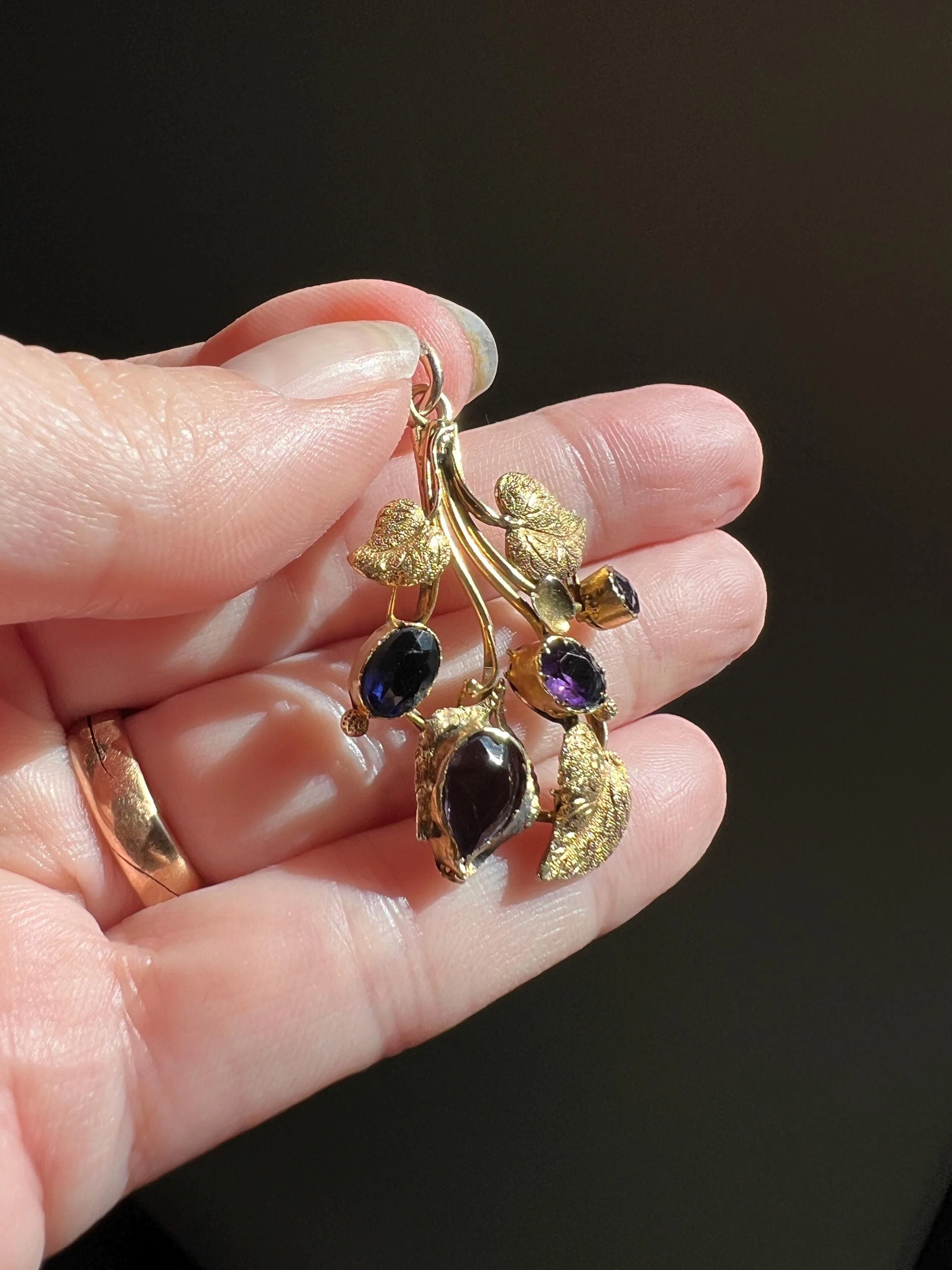 Large Scale FLORAL Leaf FLOWERS Bouquet Pendant Victorian ANTIQUE Purple Amethyst & Teardrop Paste 14k Gold Figural - Image 6