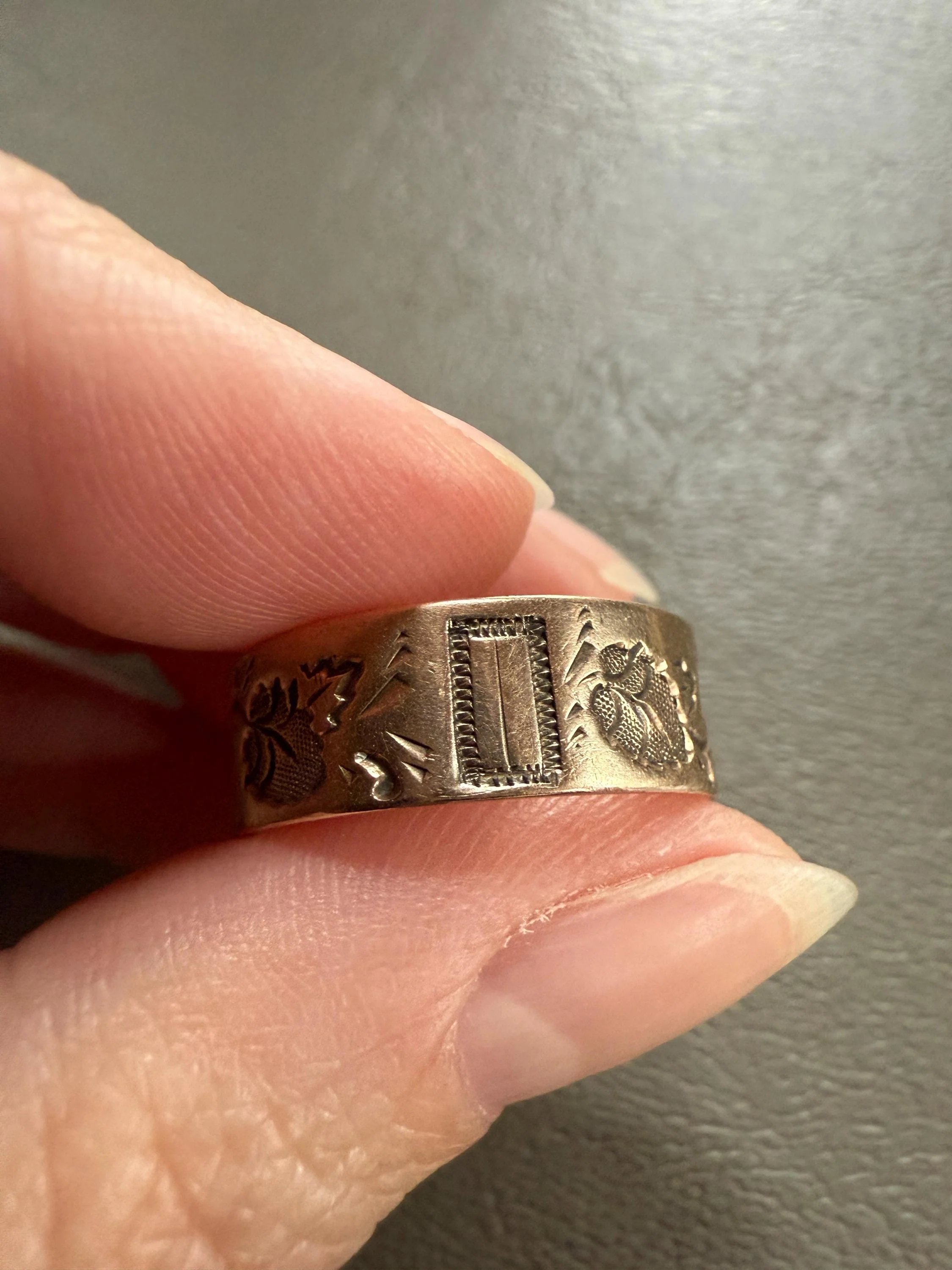 LEAVES Victorian Wedding Ring 7mm Wide Cigar Band Antique 10k Gold Solid Rosy Eternity Stacker Romantic Gift Geometric Double Line Leaf Vine - Image 2
